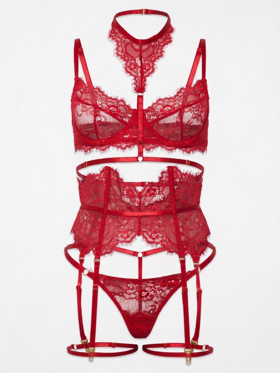 Elegant Love Set: Bügel-BH Spitzen-Lingerie-Set für Damen – Dessous mit Strapsen (Set, 5-tlg., Halsband + BH + Tanga + Taillenband + Beinriemen) Stilvolle Damenunterwäsche – Reizwäsche für besondere Momente