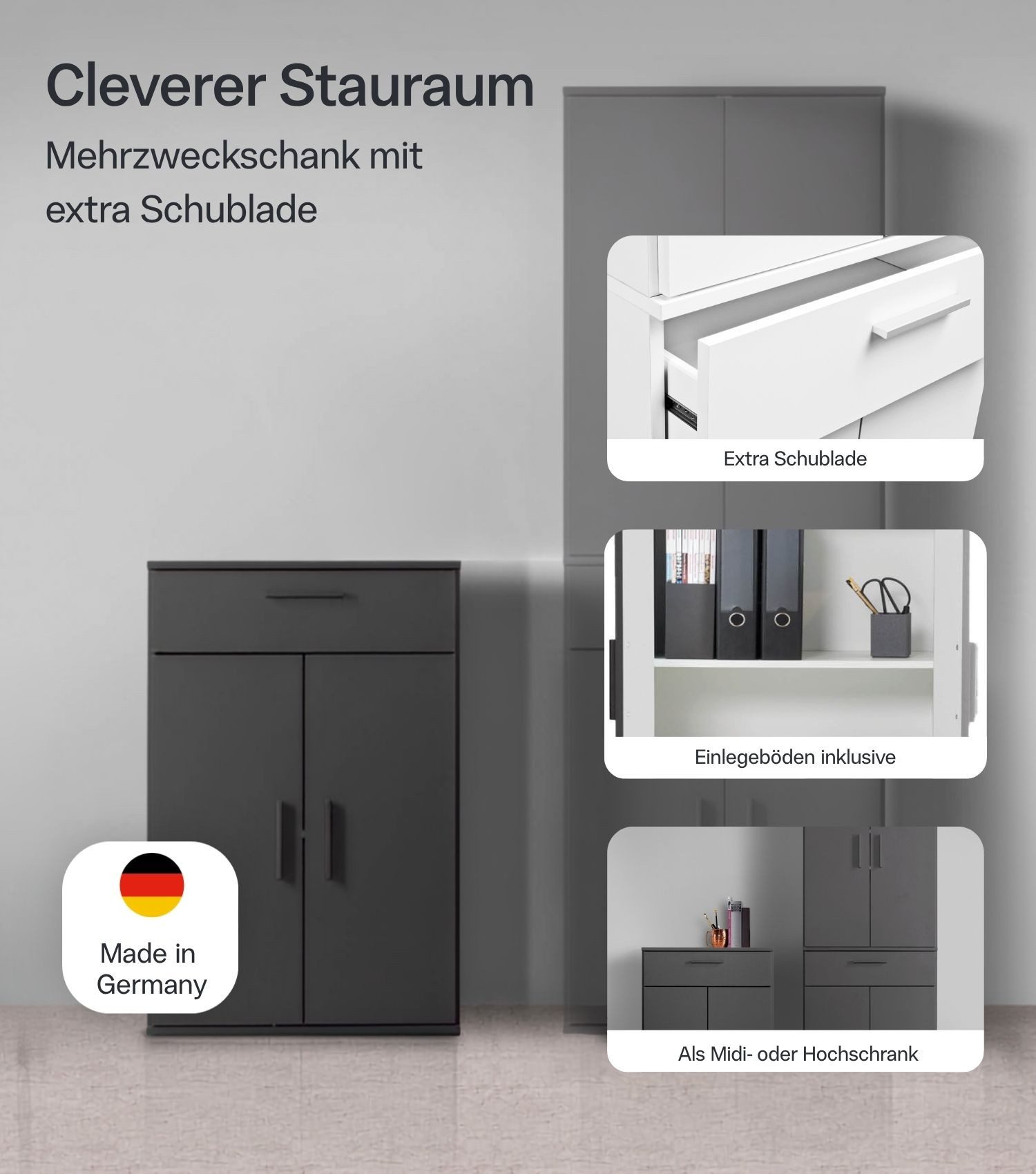 mokebo Mehrzweckschrank Der Praktische (60x90 cm, mit Schublade) Made in Germany, Büroschrank, Apothekerschrank in Anthrazit