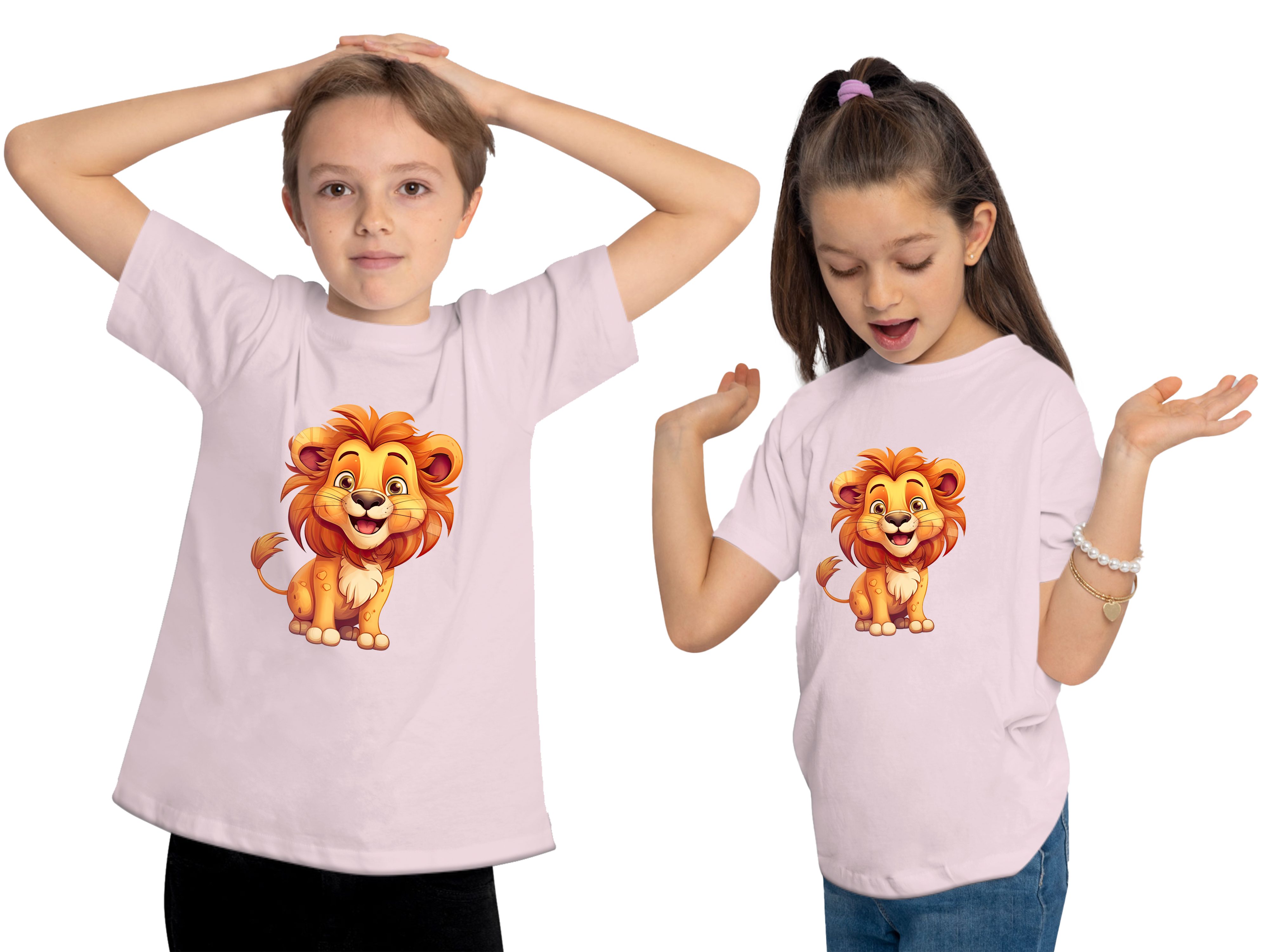 MyDesign24 T-Shirt i275 Kinder Shirt rosa Baumwollshirt Print Aufdruck, Wildtier Löwe Baby bedruckt mit 