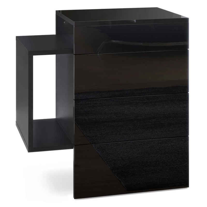 Vladon Nachttisch Queens (Nachttischschrank mit 2 Schubladen, und 1 seitlichem Fach zur Wandmontage), Schwarz matt/Schwarz Hochglanz (60 x 63 x 36 cm)