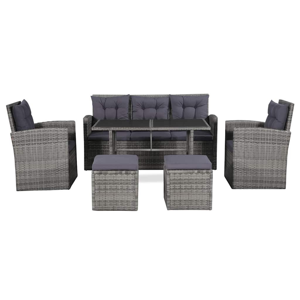vidaXL Gartenlounge-Set 6-tlg. Garten-Lounge-Set mit Auflagen Poly Rattan Grau, (6-tlg)