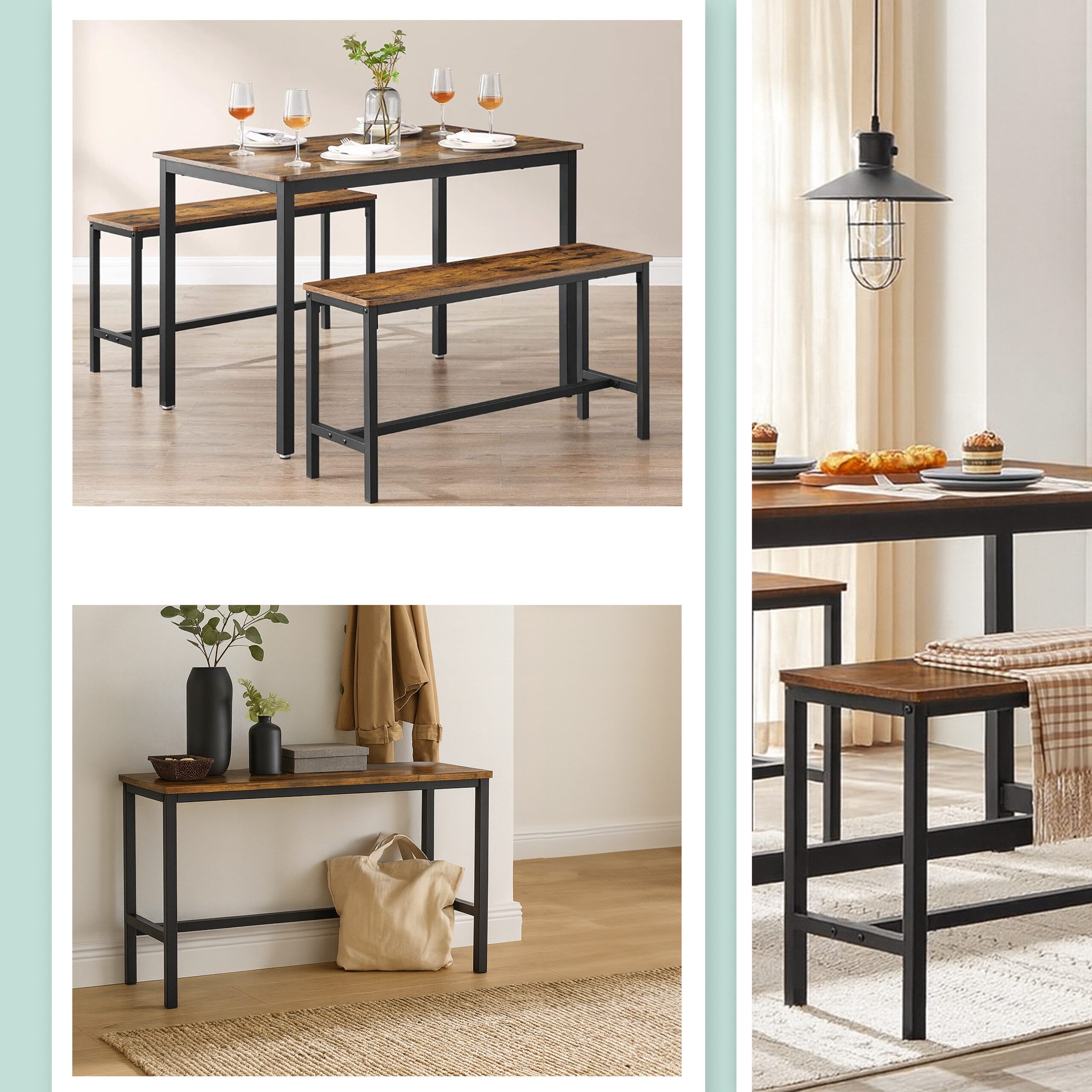 relaxdays Essbank Sitzbank Esszimmer 2er Set Industrial, dunkelbraun