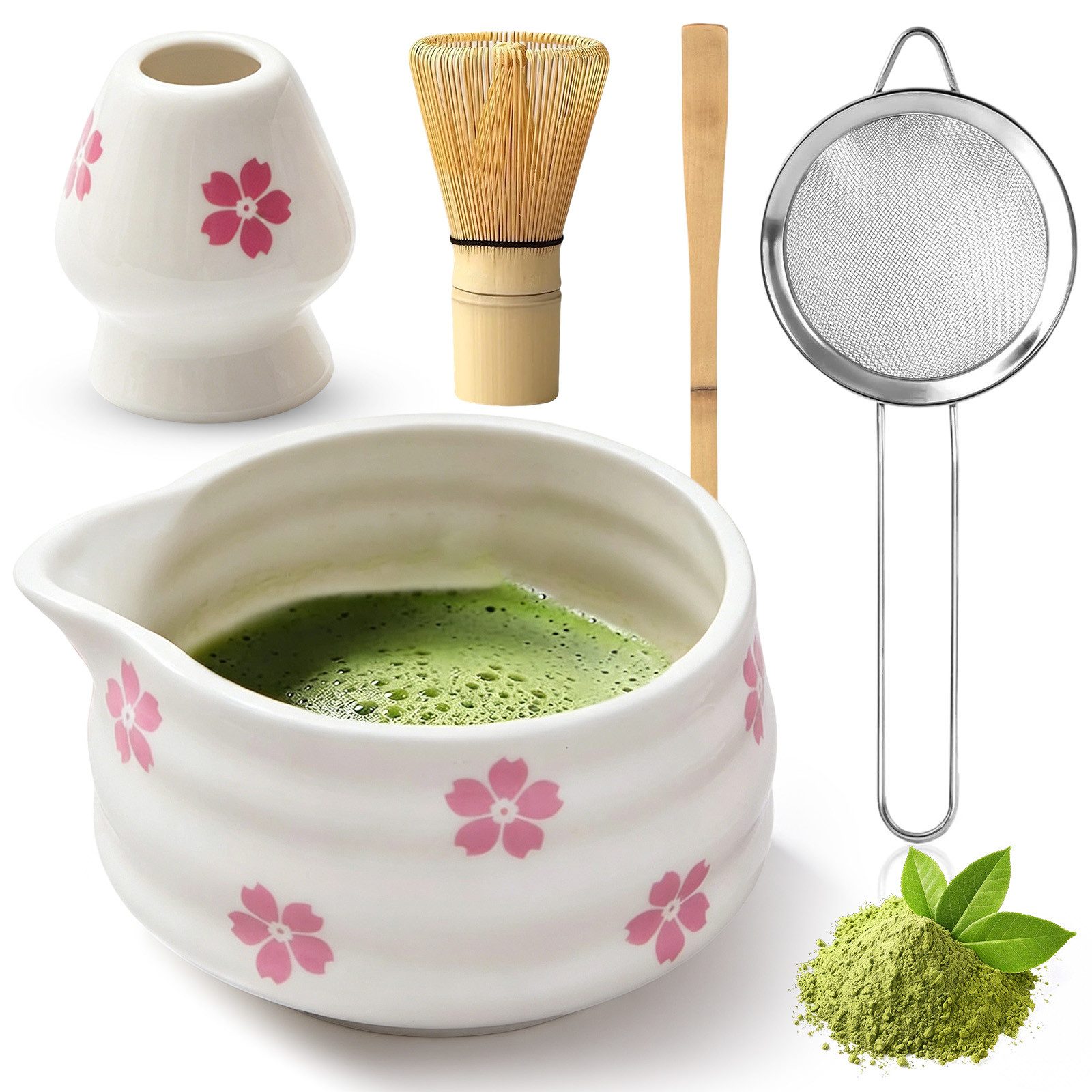 AKKEE Teeservice Matcha Set mit Teeschale, Matchabesen und Besenhalter, 1 Personen, 5 Artikel Matcha-Zubehör aus Keramik