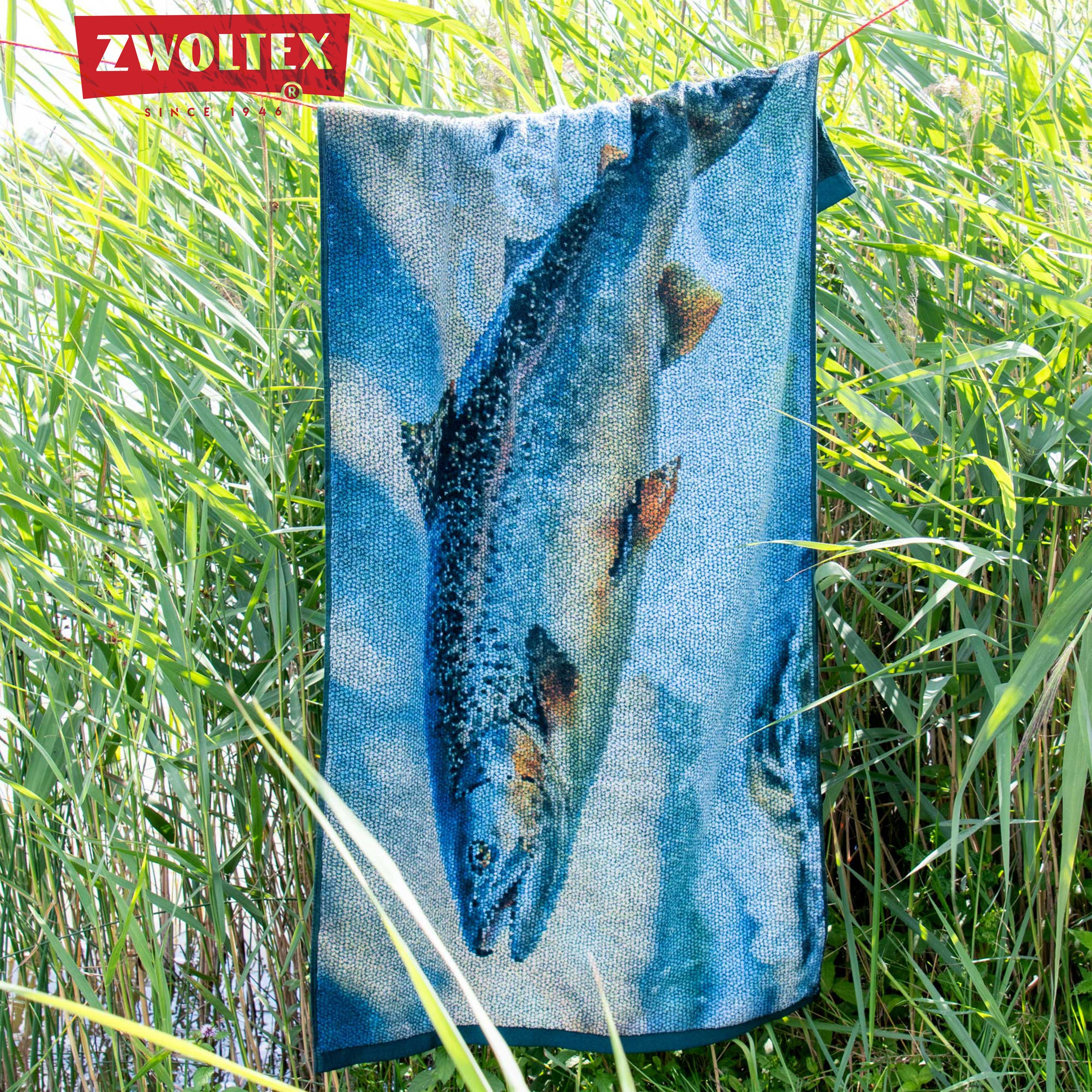 Zwoltex Handtücher Lachs Handtuch 600 g/m² – detailreiches Fischmotiv für Angler, (50x100 cm 60° waschbar OEKO-TEX 100% GOTS BW), Naturgetreues Fischmotiv im Frottiergewebe fixiert
