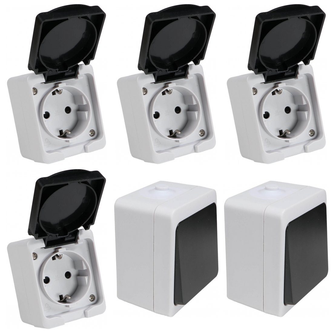 REV Ritter GmbH Aufputz-Steckdose REV AquaMini Feuchtraum Set 4x Steckdose 2x Aus-/Wechselschalter, 6-St.