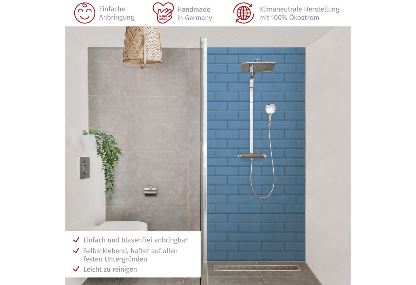 Thumbnail - Bilderdepot24 Badrückwand Fliesenoptik blau Duschrückwand ohne Bohren Dusche, (1-tlg., Hart-Folie Smart matt 0,35 mm), f...