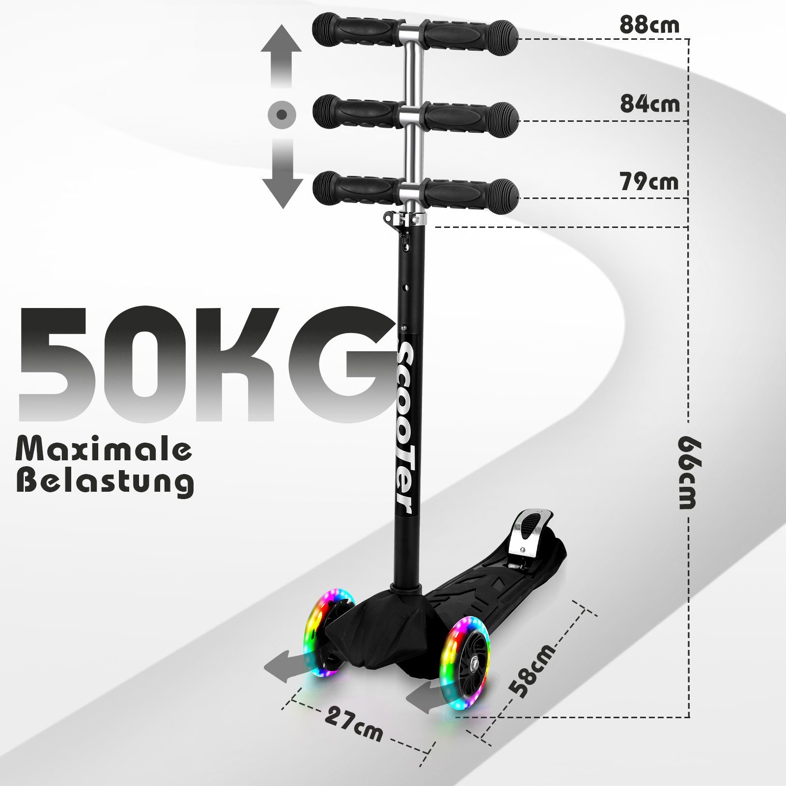 kg Tretroller Schwarz LED-Räder Höhenverstellbar bis 50 Clanmacy Kinderroller Scooter