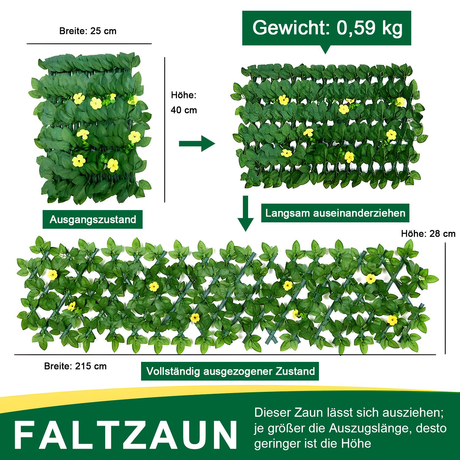 HEYHIPPO Kunsthecken-Sichtschutz Erweiterbarer Sichtschutz mit Kunstrosen – gelb, für Balkon & Garten, (Packung, Rankgitter ausziehbar mit künstlichen Blumen –  – Bild 3 von 5