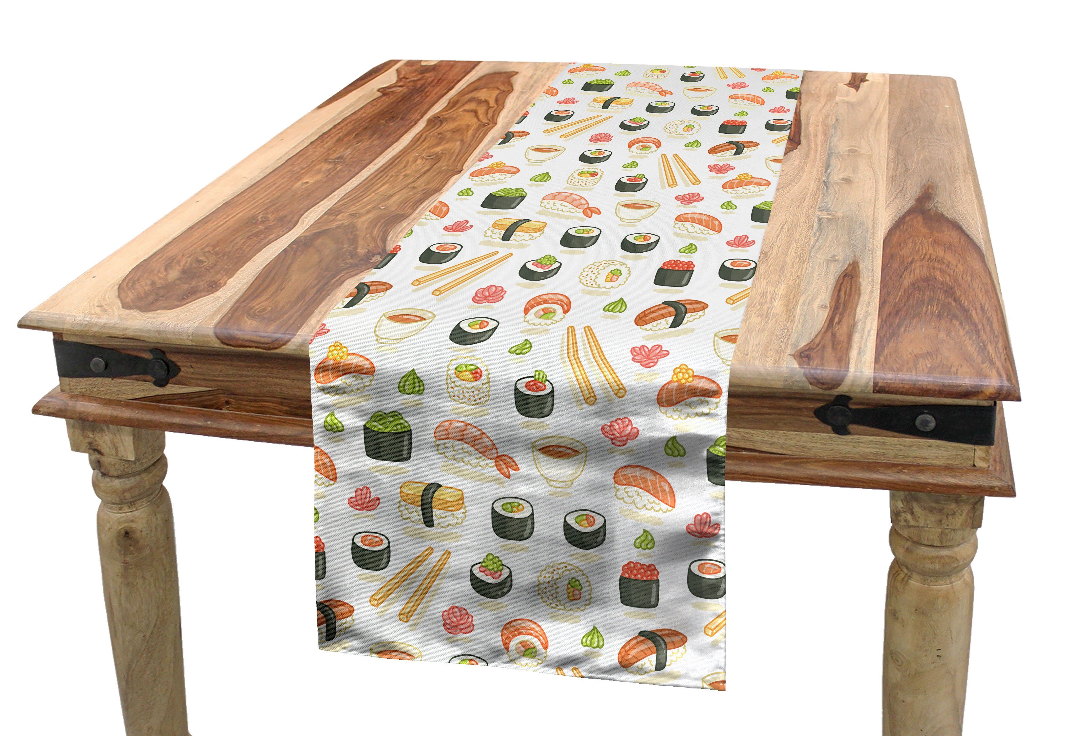 Abakuhaus Tischläufer Esszimmer Küche Rechteckiger Dekorativer Tischläufer, Sushi Cartoon Leckere Nahrung Muster