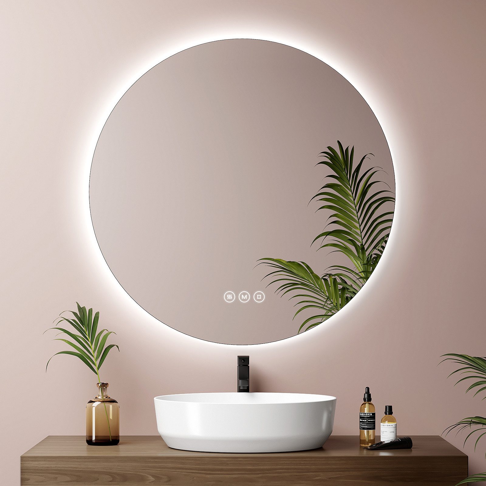 EMKE Badspiegel Runder Wandspiegel mit LED-Beleuchtung ohne Rahmen, Dimmbar Modern (50~80cm, Touchschalter), Kalt/Neutral/Warmweiß Licht,Dimmbar Antibeschlag,Memory Funktion,IP44