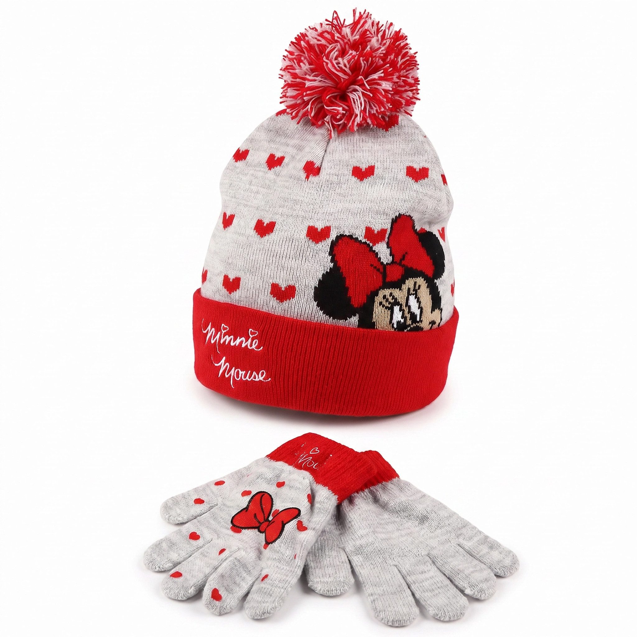Disney Minnie Mouse Bommelmütze Minnie Maus Kinder Mädchen Wintermütze plus Handschuhe Gr. 52 54