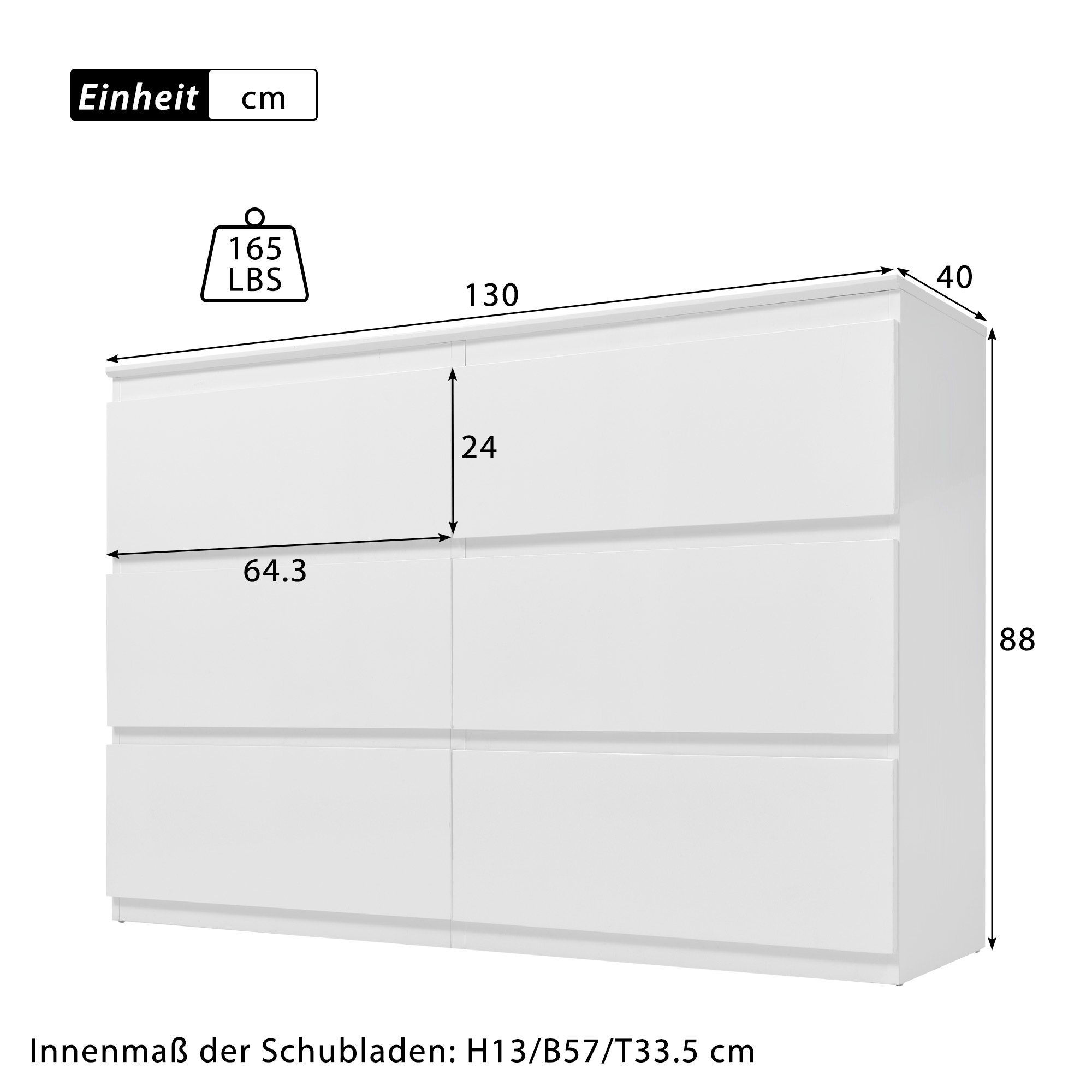 für OKWISH Wohnräume Schlafzimmer mit Weiß 130CM, & alle Sideboard (Kommode Highboard Schubladen /H88cm), 6 -B130/T40 Weiss Schubladenkommode Sideboard