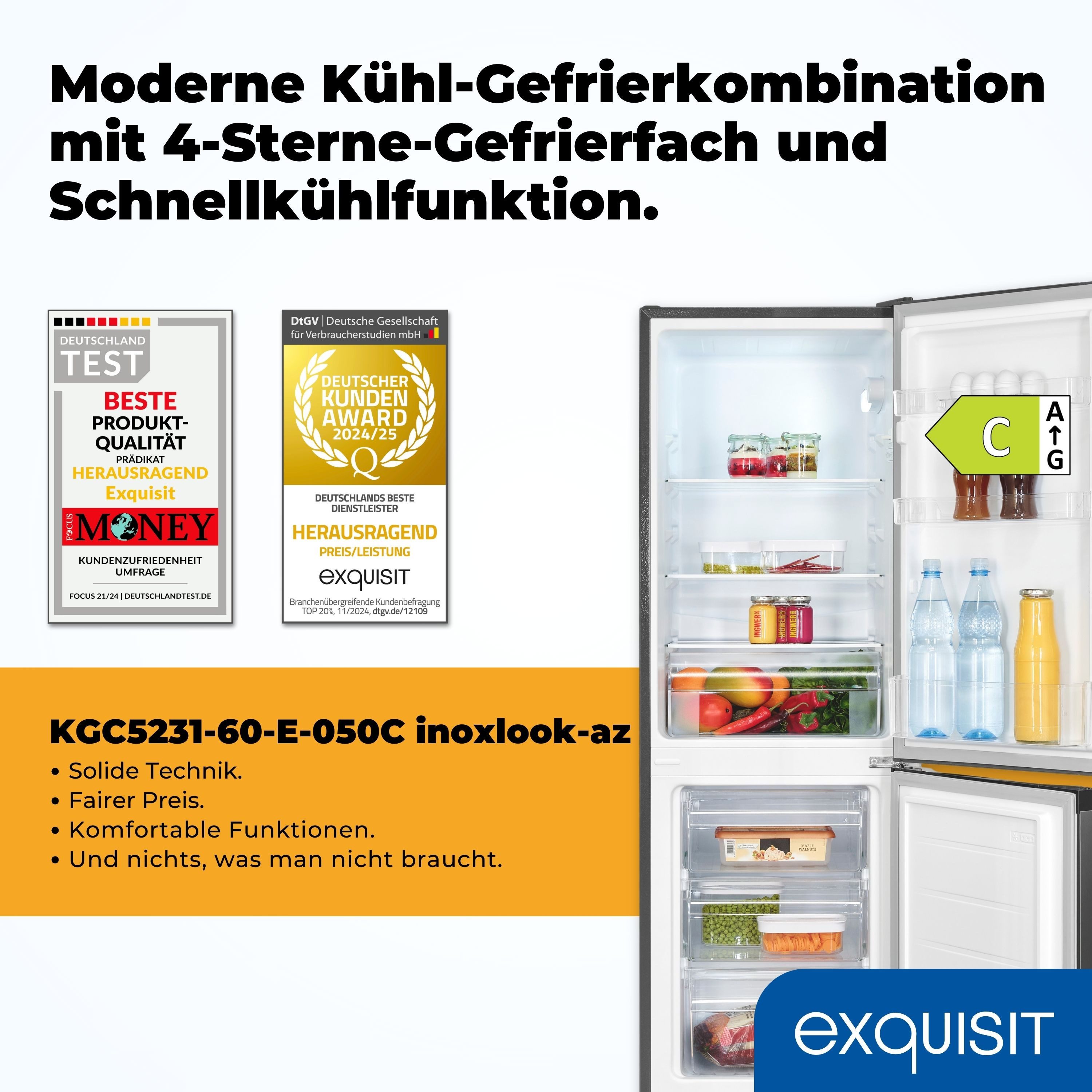exquisit Kühl-/Gefrierkombination KGC5231-60-E-050C, 144 cm hoch, 47.4 cm breit, 4*-Gefrieren, Schnellkühlen, 157 Liter Nutzinhalt, 3 Ablagen