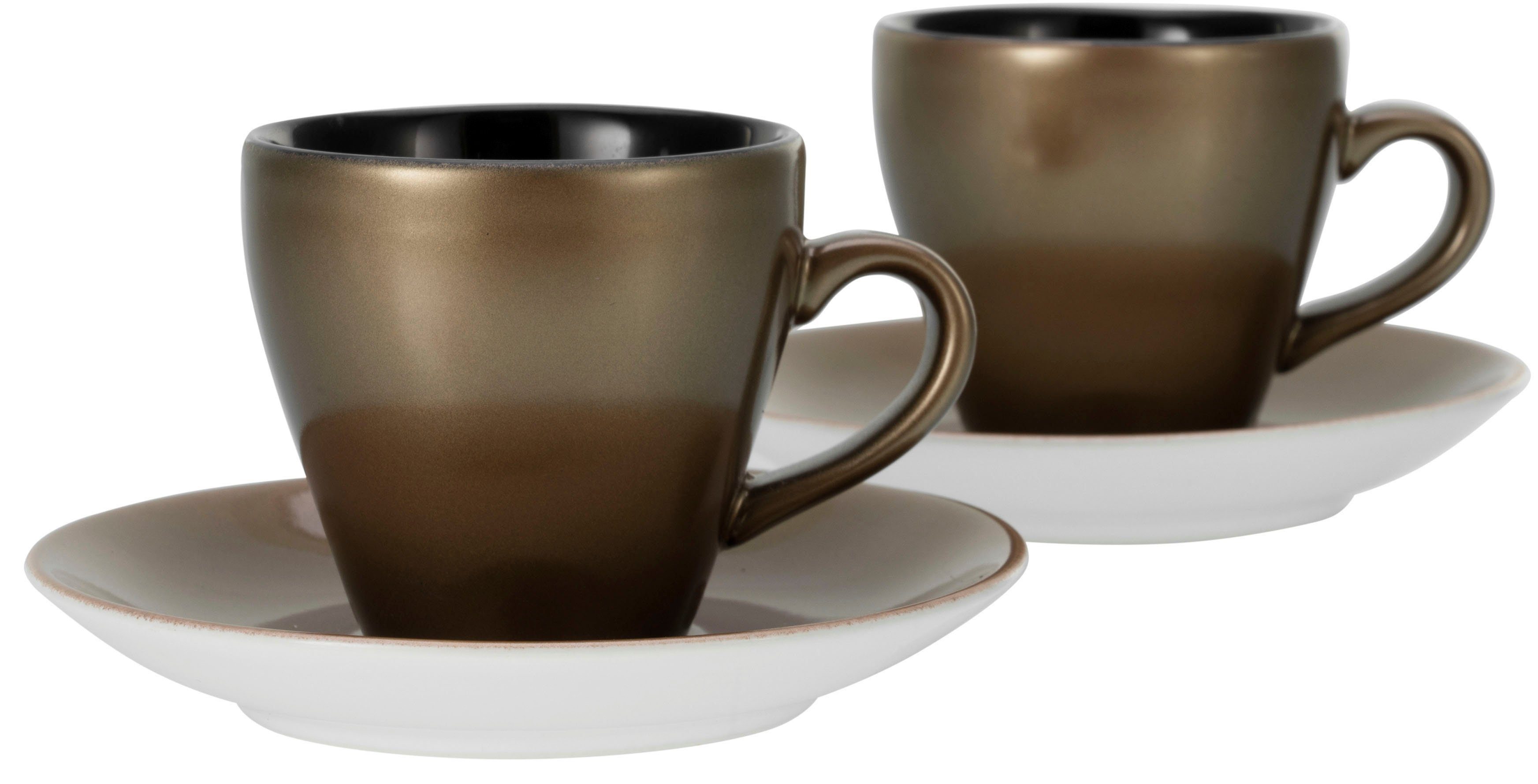 4-teilig, Espressotasse inkl. Untertasse CreaTable Golden Steinzeug, Gold-Schwarz Days,