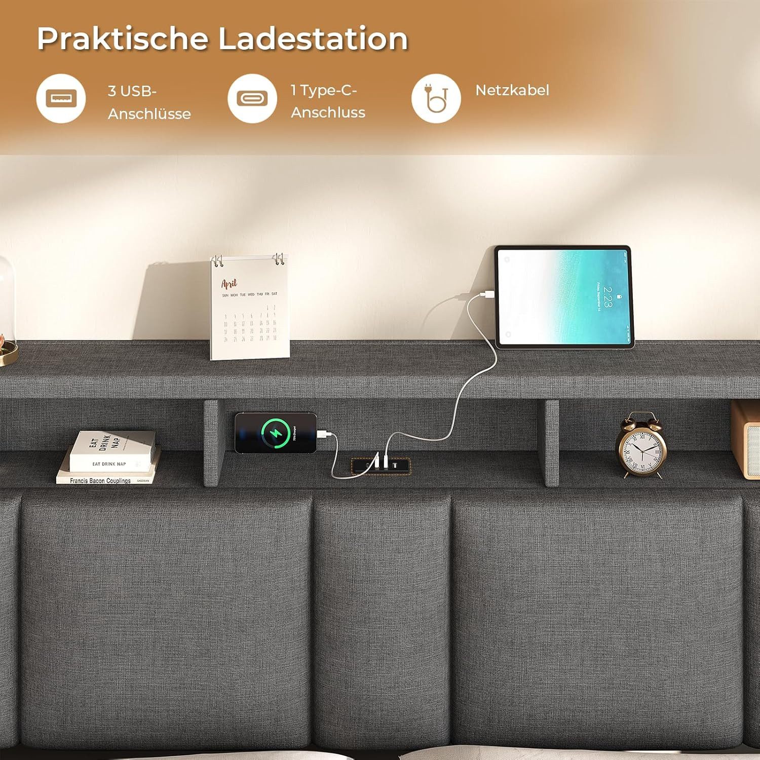 MSMASK Polsterbett mit Steckdosen & LED Beleuchtung, Stauraum und Kopfteil, 150×215 cm, Dunkelgrau, mit Stauraum & LED Beleuchtung – Bild 4 von 5