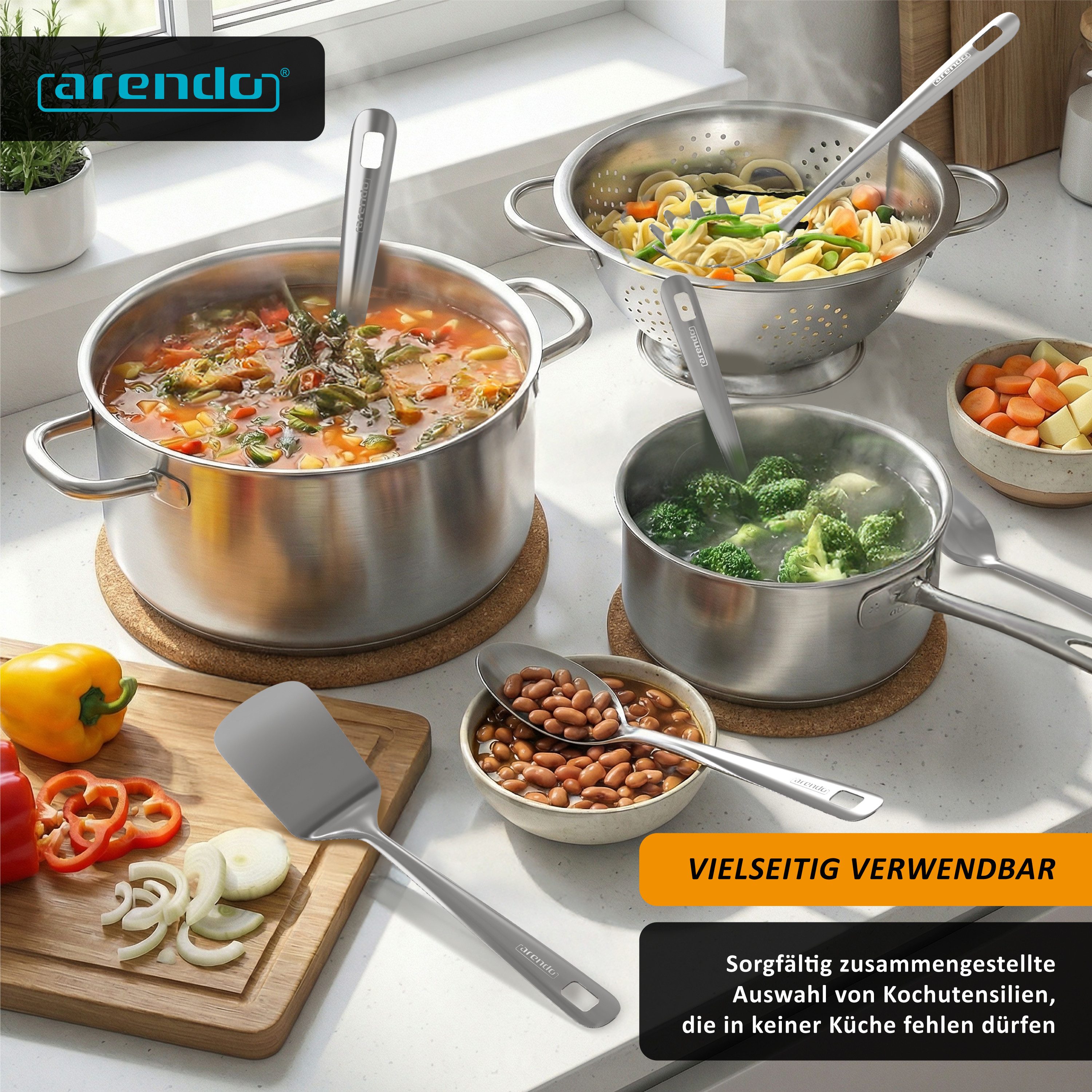 Arendo Kochbesteck-Set Küchenhelfer 6er Set, spülmaschinenfest, Edelstahl, hygienisch (Set, 6-tlg), hitzebeständig, rostfrei, nahtlos, spülmaschinengeeignet, Aufhängeöse