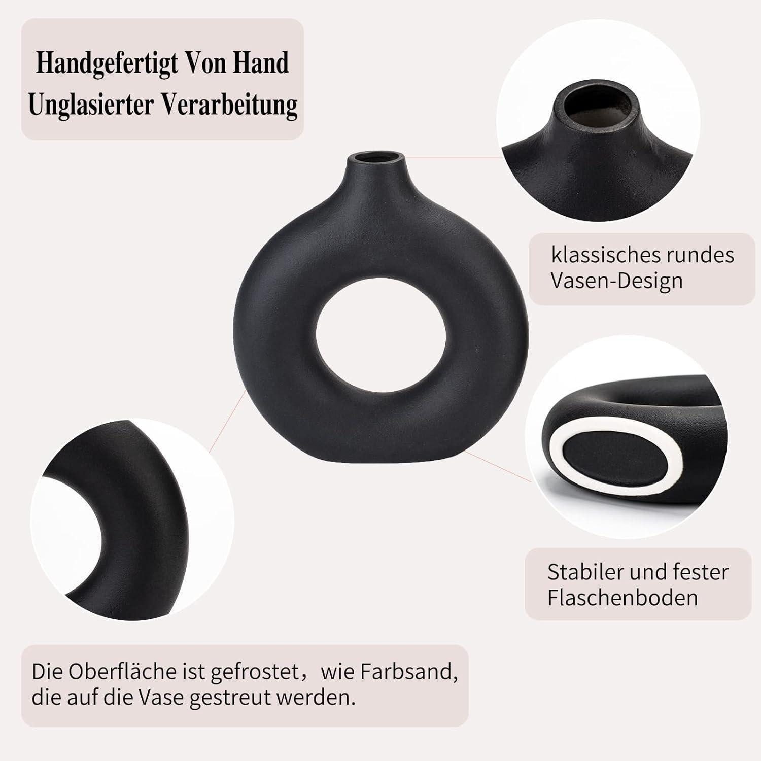 LuxusKollektion Dekovase Vase Pampasgras Donut Ringform Keramik matt nordic Deko L Schwarz