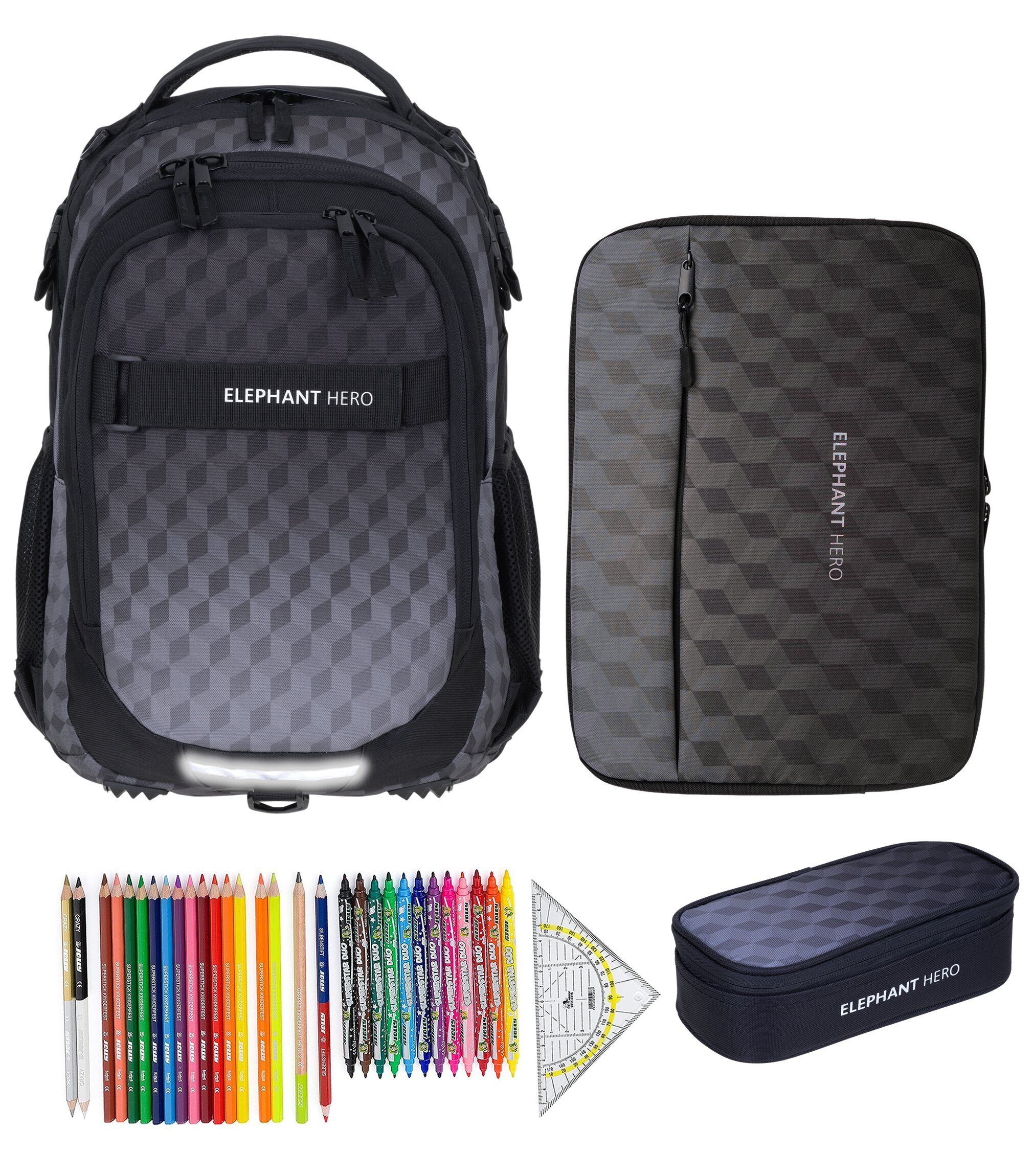 ELEPHANT Schulrucksack Hero Signature Schultasche Digital Ready Set (4 Teile Schulrucksackset, 4-tlg., inkl. Mäppchen Box + Laptop Hülle Sleeve + 31 Teile Stifte), Rucksack Schulmappe Jungen Mädchen +rmlv
