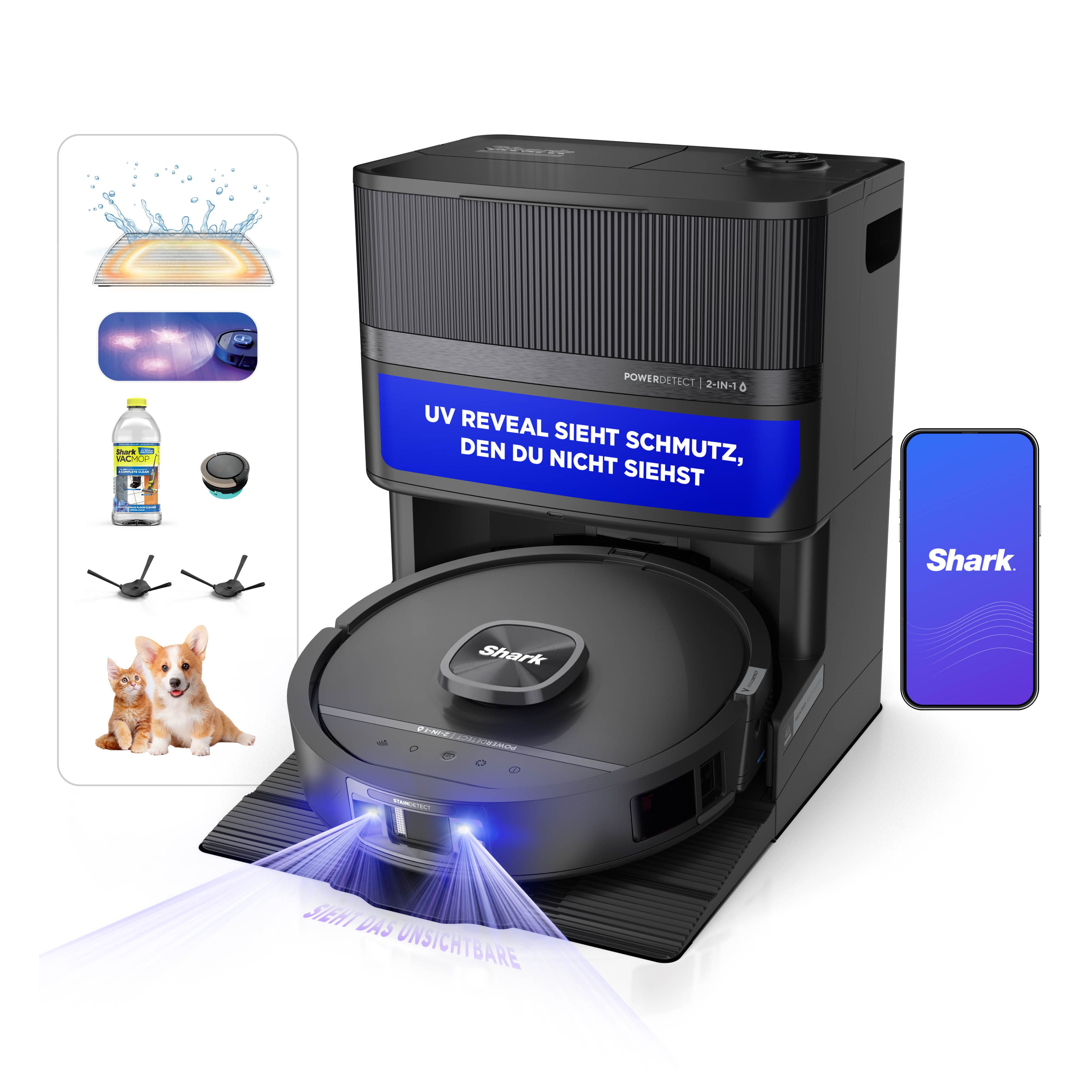 Shark Saugroboter Shark PowerDetect UV Reveal 2-in-1 Saug- und Wischroboter RV3000XEEU, 650 W, beutellos, UV-Reveal-Technologie, 8 PowerDetect-Technologien