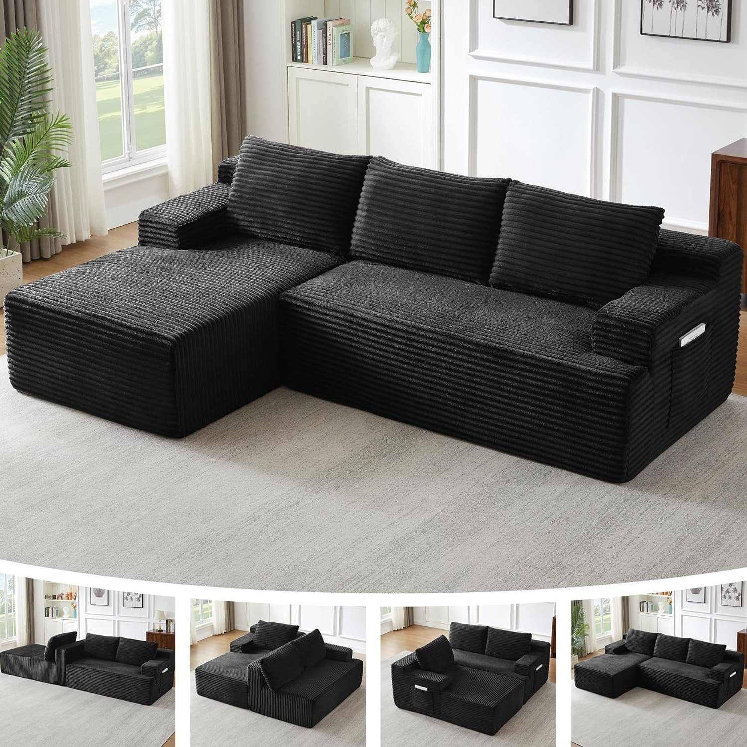 ANYSUN Ecksofa Couch L-Form, mit Liegeflache 3-Sitzer Ecksofa, Cord-Schlafsofa, Modulares Ecksofa, Loungesofa, Links / Rechts Chaiselongue Sofa,keine Montage erforderlich, modulares Schlafsofa für Wohnzimmer, Schlafzimmer, Wohnung und Büro