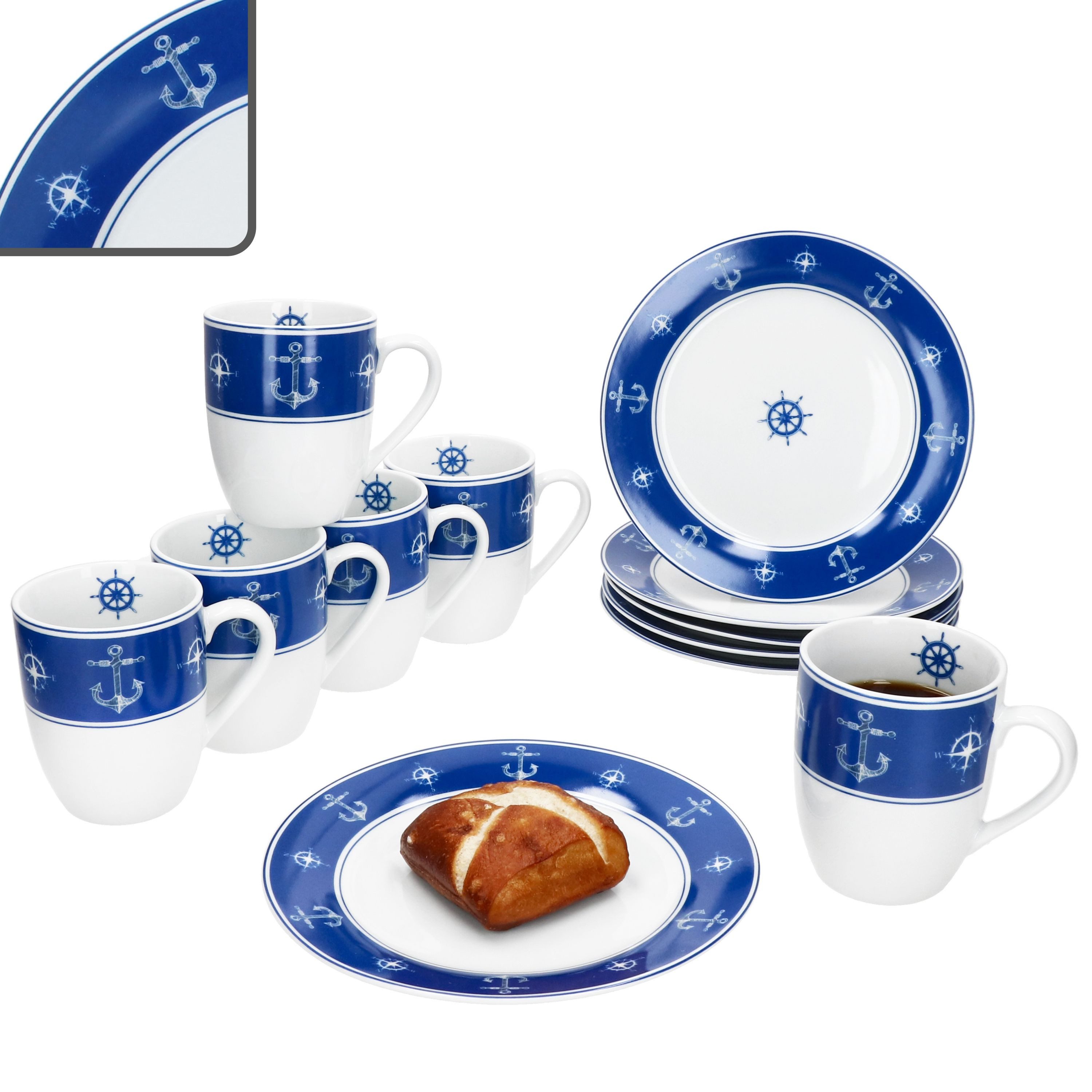 MamboCat Frühstücks-Geschirrset MamboCat Ahoi 12tlg Frühstücksset Teller Becher maritimes Geschirr, Porzellan