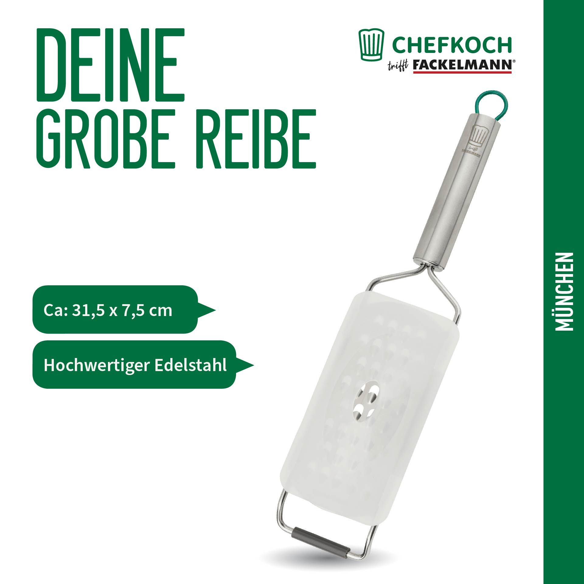 Chefkoch trifft Fackelmann Küchenreibe München, aus Edelstahl, Reibe grob – hochwertige Ausführung, Edelstahl, (1-St), perfekt für Küchenprofis, spülmaschinengeeignet