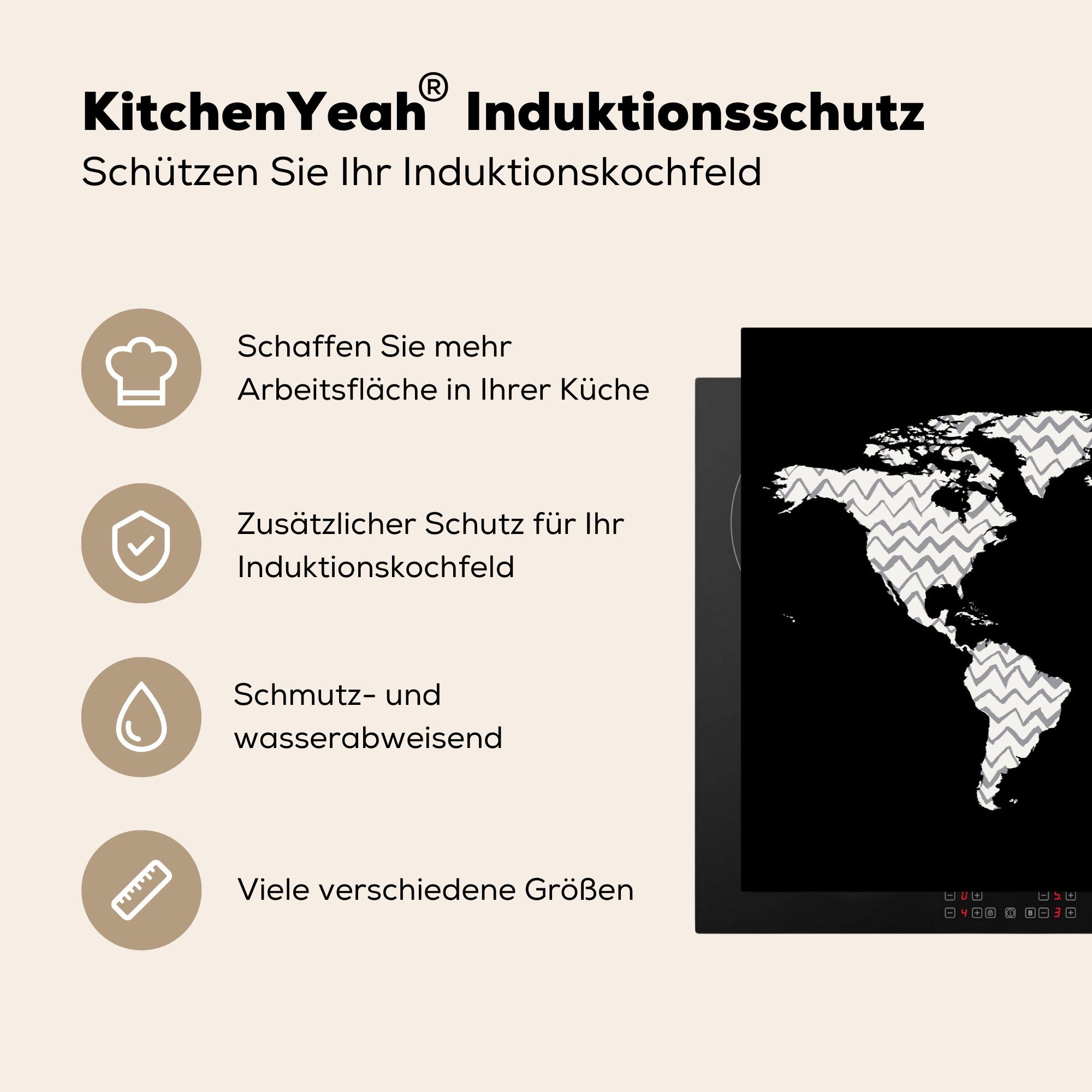MuchoWow Herdblende-/Abdeckplatte Weltkarte (1 tlg), Induktionskochfeld 81x52 - Vinyl, für Grau, Ceranfeldabdeckung - küche, die Schutz Weiß cm
