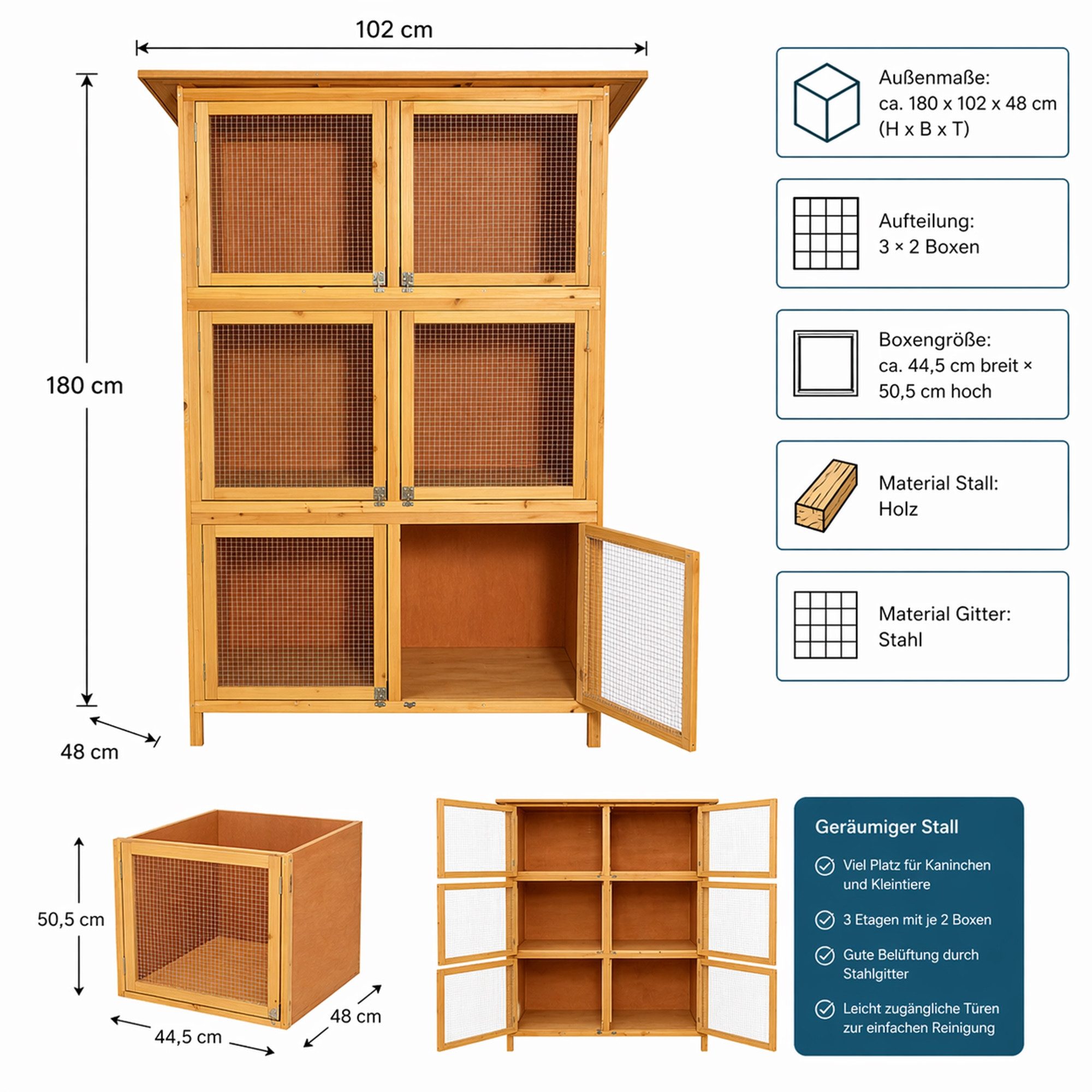 Mucola Kleintierkäfig Hasenkäfig 6 Boxen Kaninchenstall Holz Freigehege Kleintierstall XXL, 6 Boxen