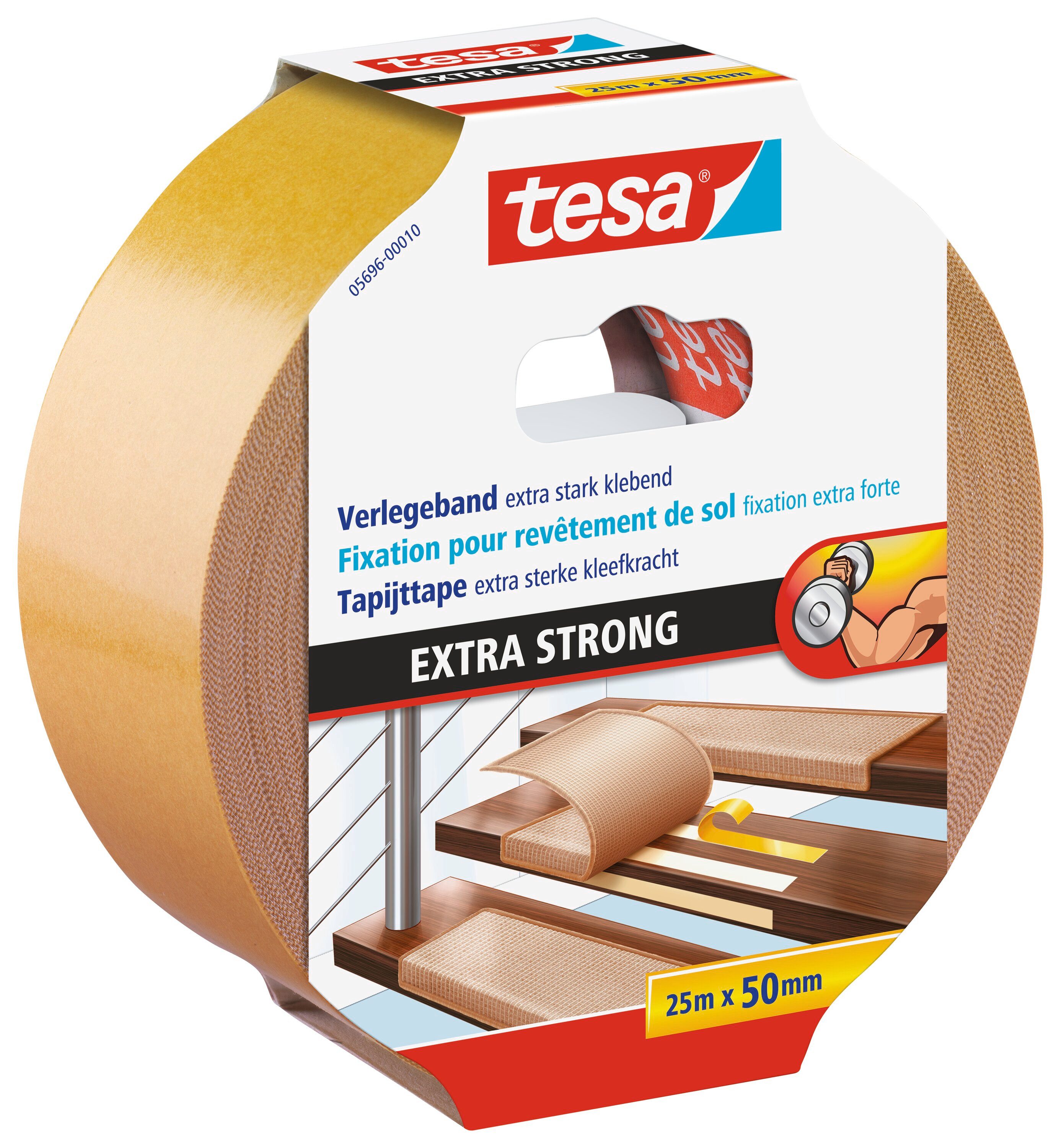 tesa Doppelklebeband EXTRA STRONG Verlegeband (Packung, 1-St) doppelseitiges Gewebeklebeband - zum Verlegen von Teppich & PVC-Boden