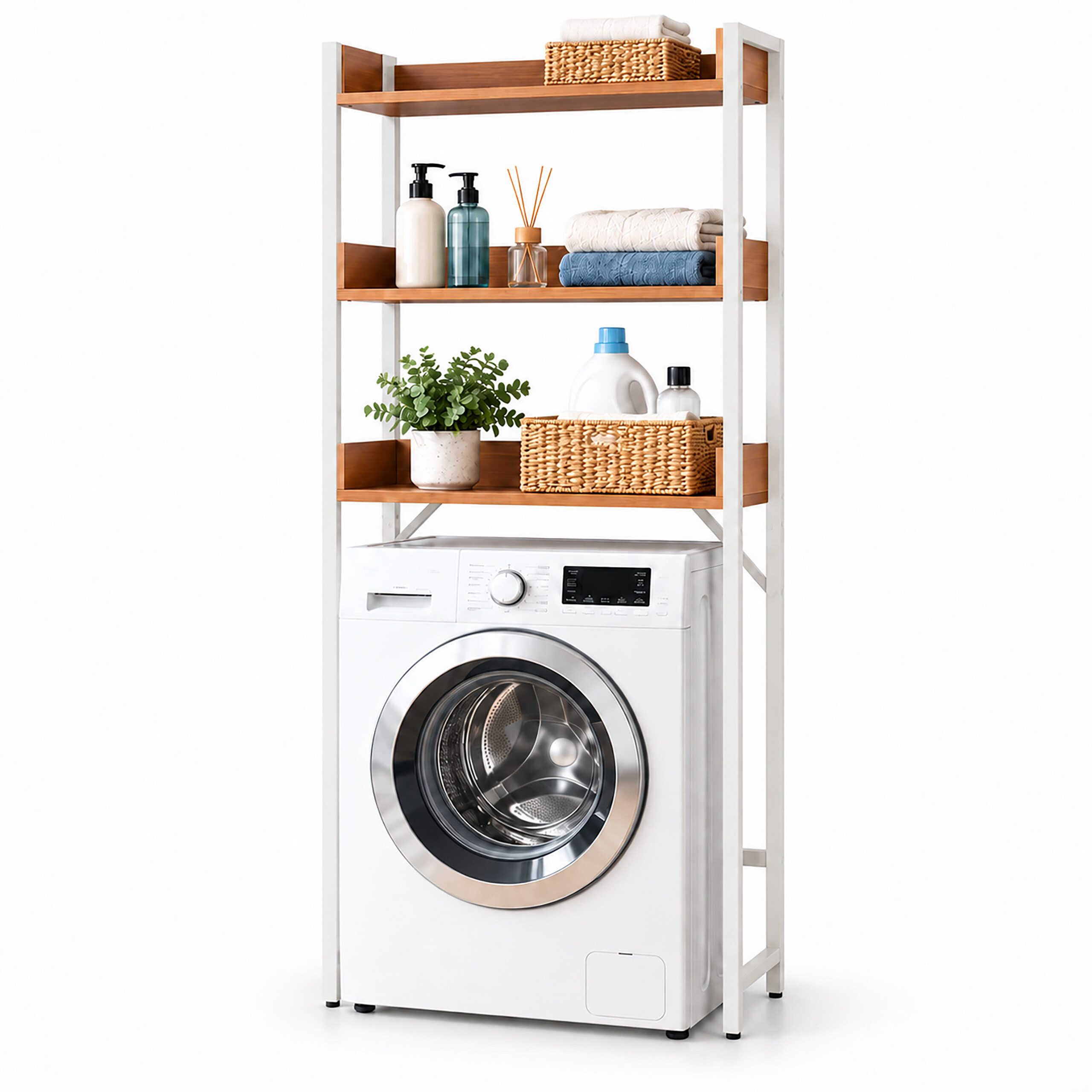 relaxdays Standregal Waschmaschinenregal 166 cm, 1-tlg., hellbraun, Weißes Metall