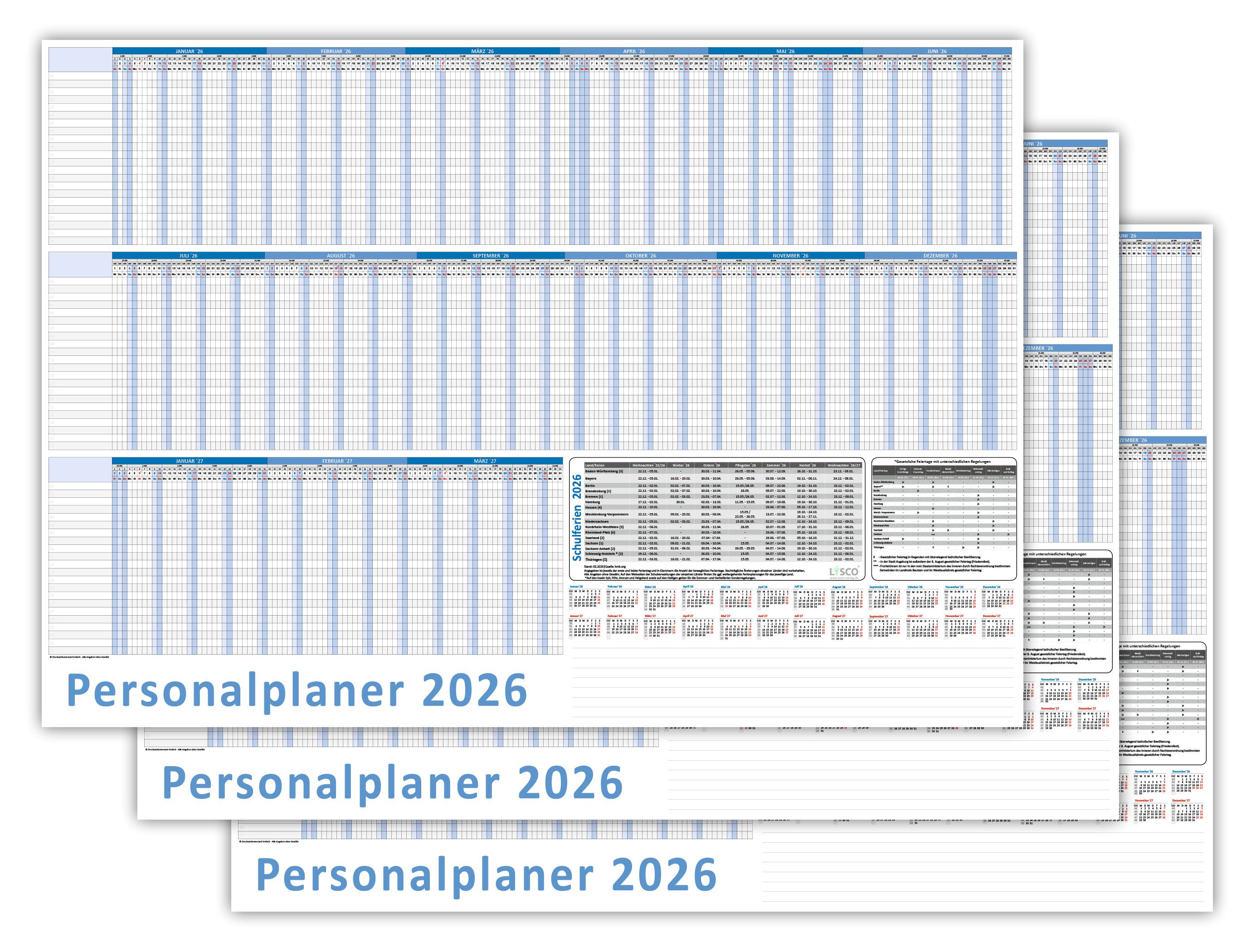 LYSCO Urlaubsplaner Personalplaner 2026 DIN B1 Format (1000 x 700 mm) 22 Mitarbeiter, auch im Set 2025 + 2026 erhältlich, 15 Monate bis März Folgejahr