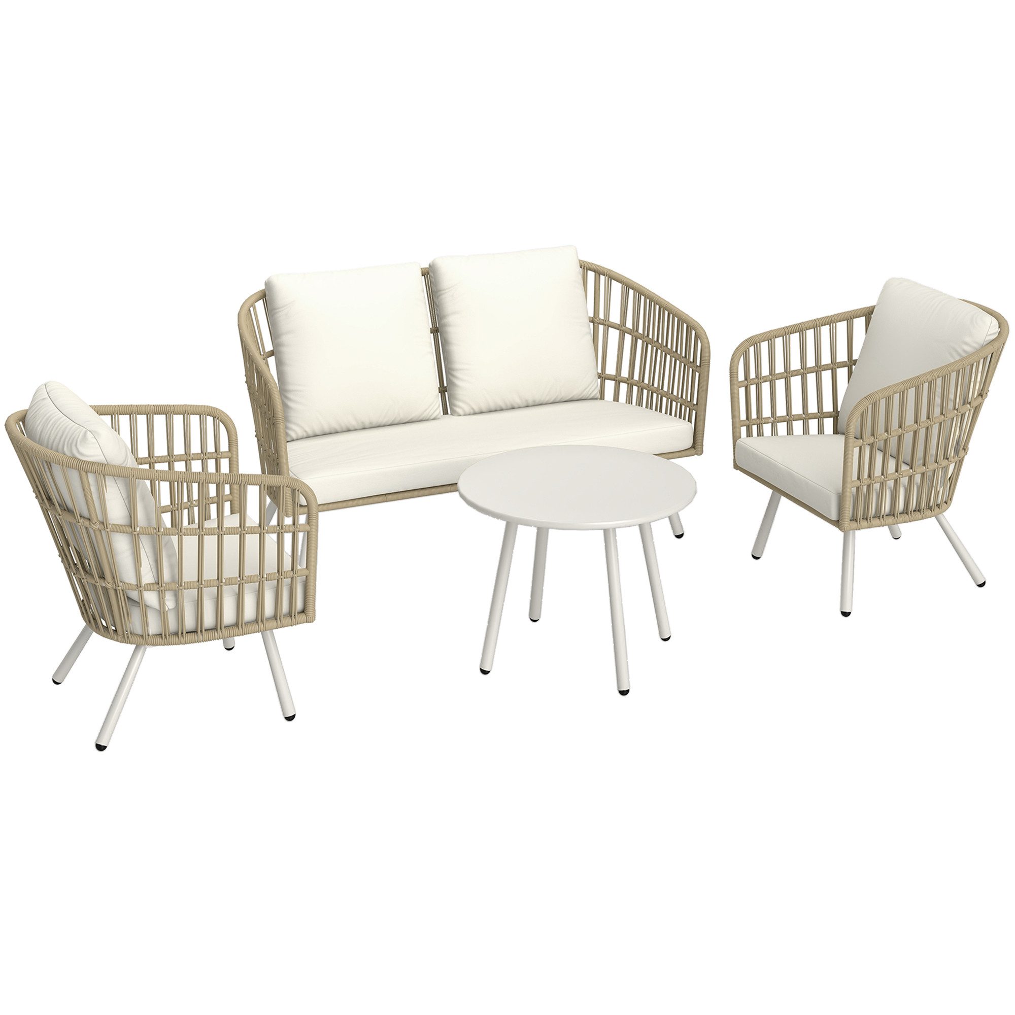 Outsunny Sitzgruppe mit 2er Sofa, Sessel, Tisch, Kissen, für 4 Personen, (wetterfest Lounge-Set, 4-tlg., Gartenmöbel Set aus Polyrattan), für Garten, Balkon, Terrasse, Khaki