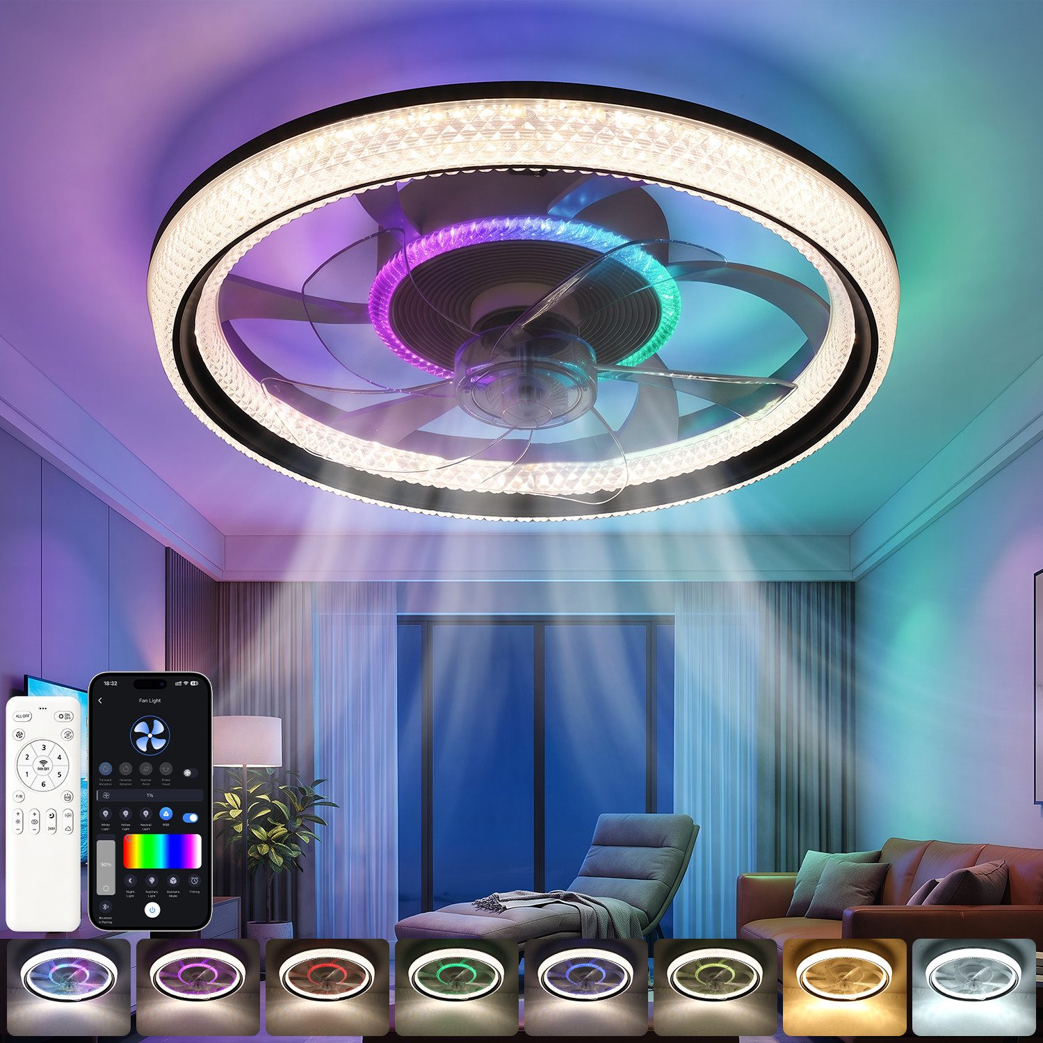 oyajia Deckenventilator 70W Leise Deckenventilator,Kristall Deckenleuchte RGB Farbwechsel 50cm, APP Dimmbar LED Deckenventilator Leuchte für Schlafzimmer Küche Hotel