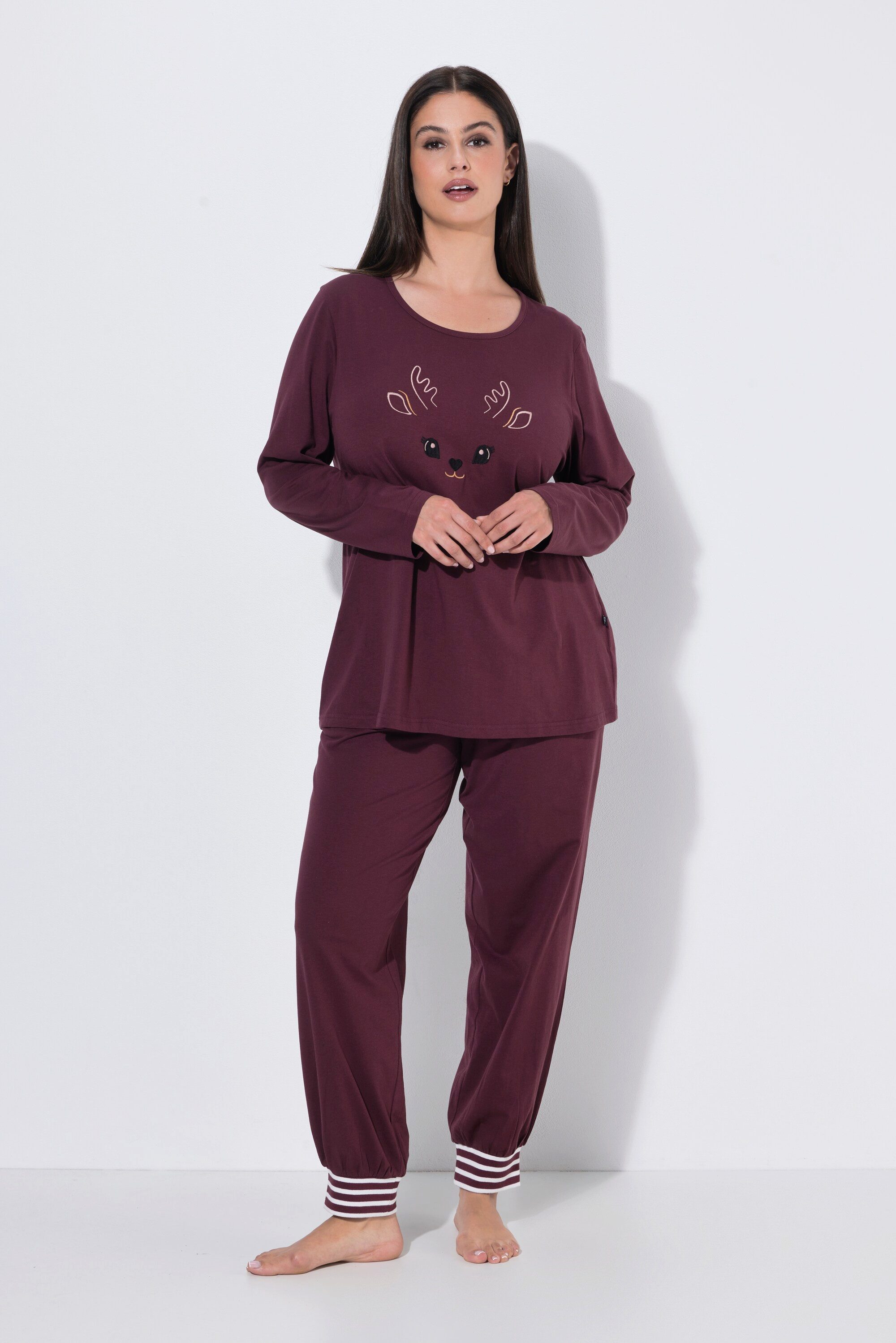 Ulla Popken Pyjama Pyjama Rehkitz-Stickerei Rundhals Langarm