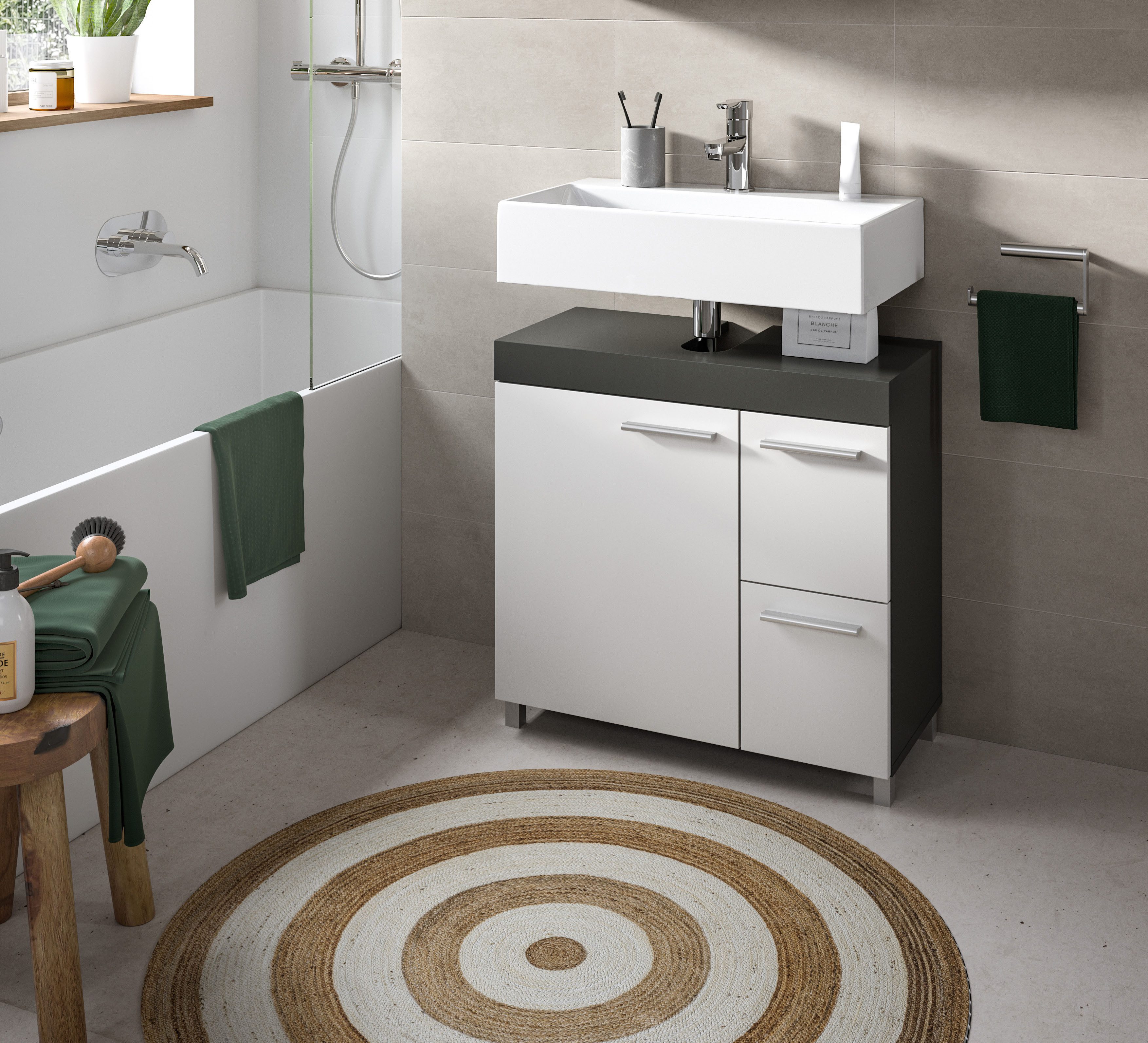 welltime Waschbeckenunterschrank HANO, Badezimmer, WBU, Waschtisch, Kommode, Unterschrank (in 2 verschiedenen Farben und 2 verschiedenen Ausstattungen erhältlich) 1 Tür, 2 E-Böden, 2 Fächer, 2 Schubkästen, mit Siphonausschnitt