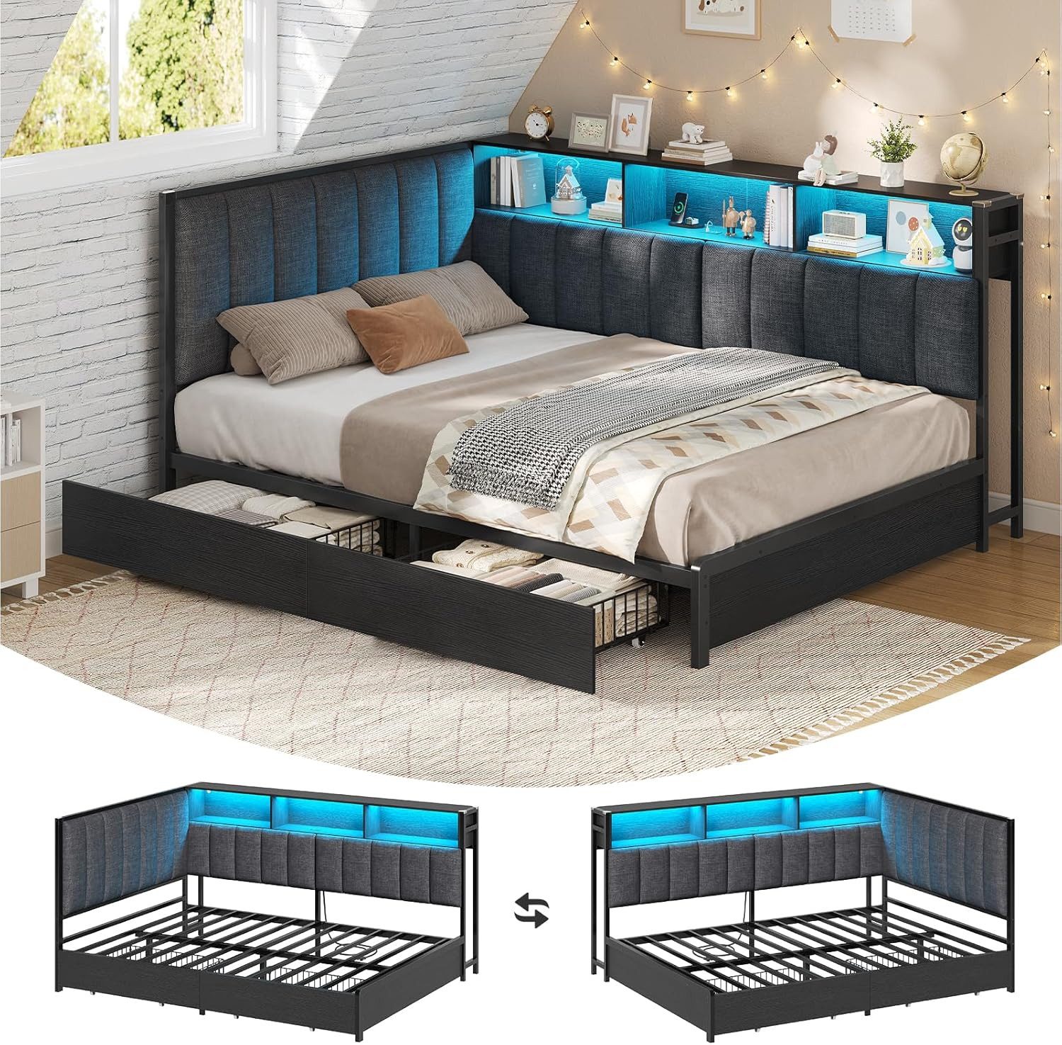 KIMENICH Polsterbett Jugendbett mit LED-Beleuchtung und Ladestation, Schlafsofa, Daybett (Ohne Matratze), Tagesbett mit 2 Schubladen und offenen Regalen, 140 x 200 cm