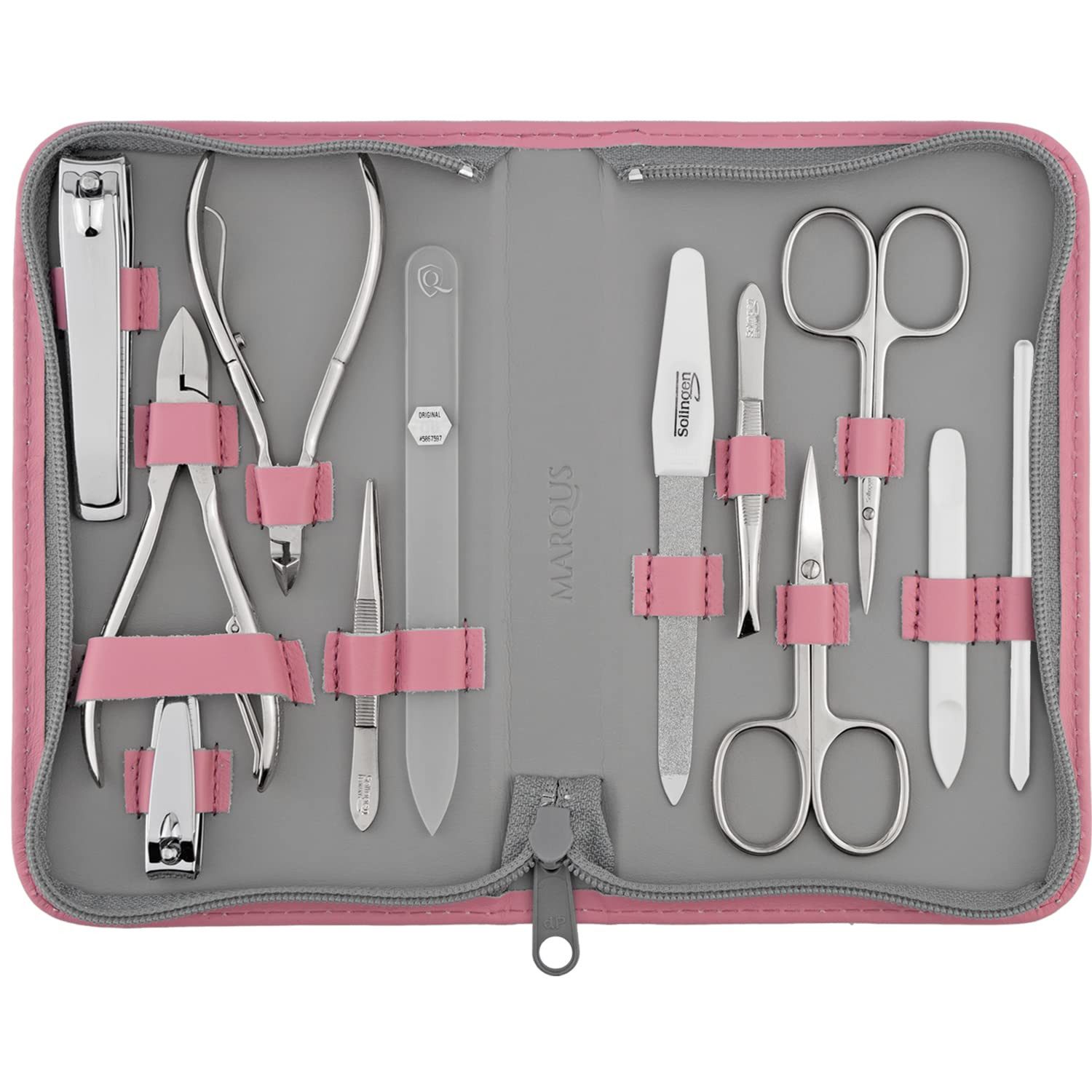 marQus Maniküre-Pediküre-Set 12 Teile in Echt Leder Etui handlich und weich, 12-tlg., Komplett Kit mit allem für die Hand- und Fußpflege, Nagelset