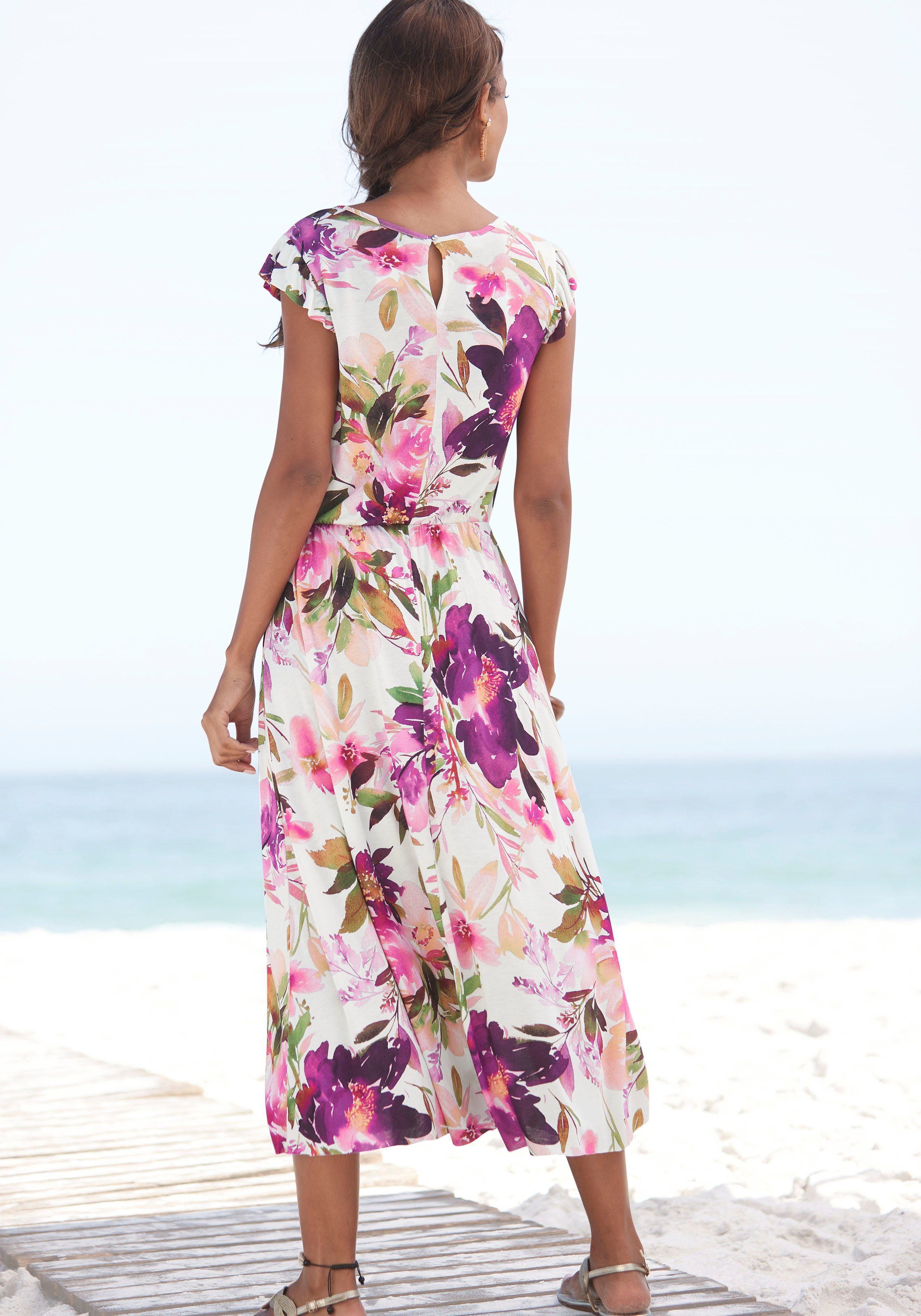Beachtime Midikleid mit Blumendruck und Gummizug, Sommerkleid, Strandkleid