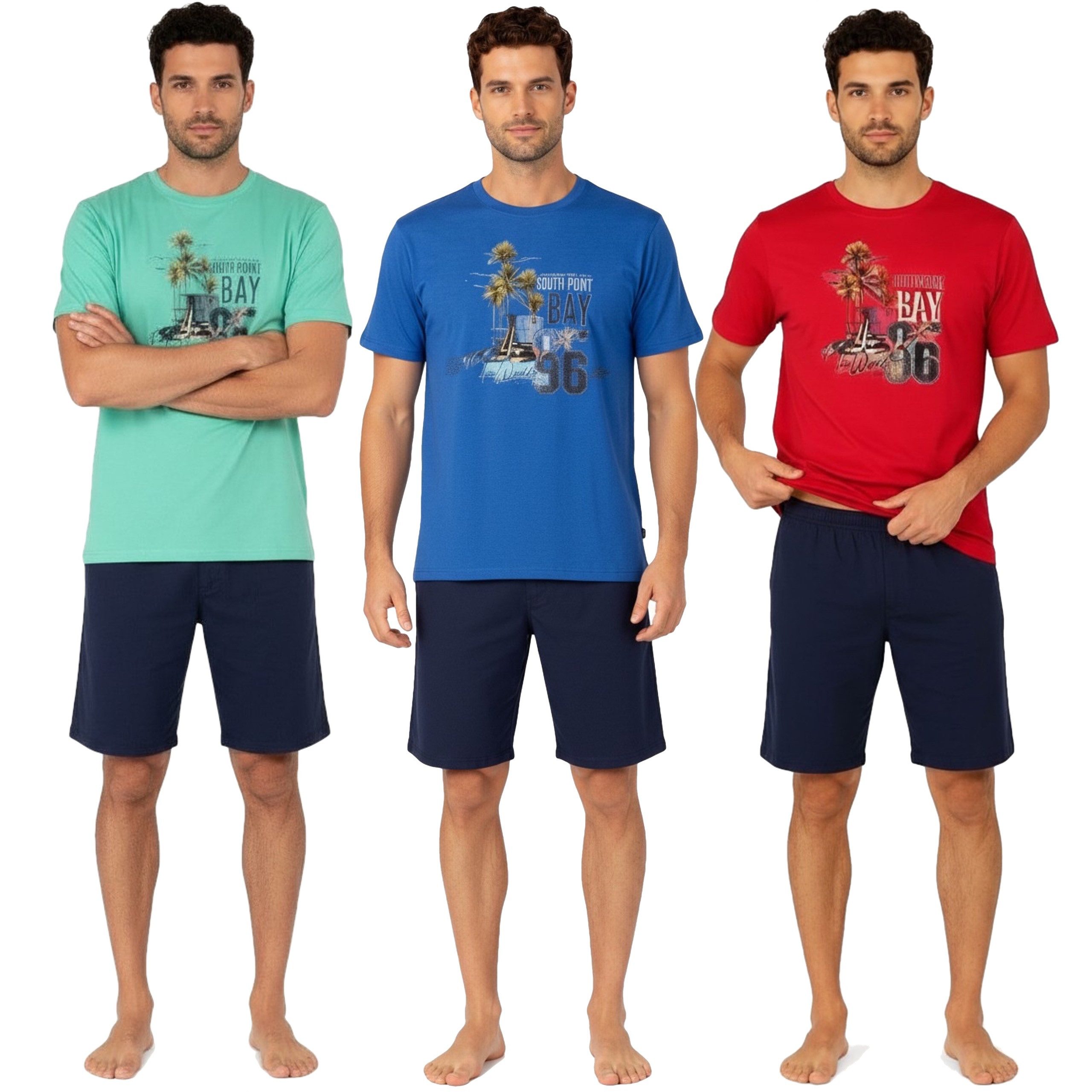 Moonline Shorty Kurzer Herren Schlafanzug Pyjama Nachtwäsche Kurzarm 100% Baumwolle (2 tlg) atmungsaktiv – Bild 5 von 5
