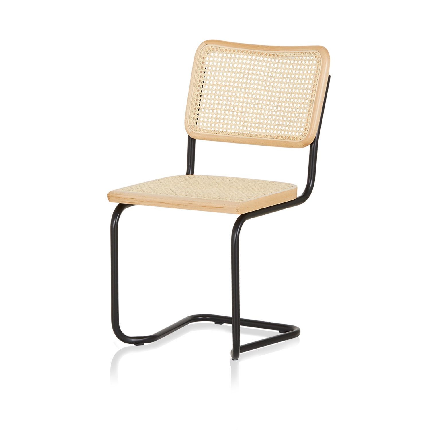 KHG Freischwinger Esszimmerstuhl Metallgestell Schwarz, Rattaneflecht, Made in Italy, Wiener Geflecht, Buche Massivholz