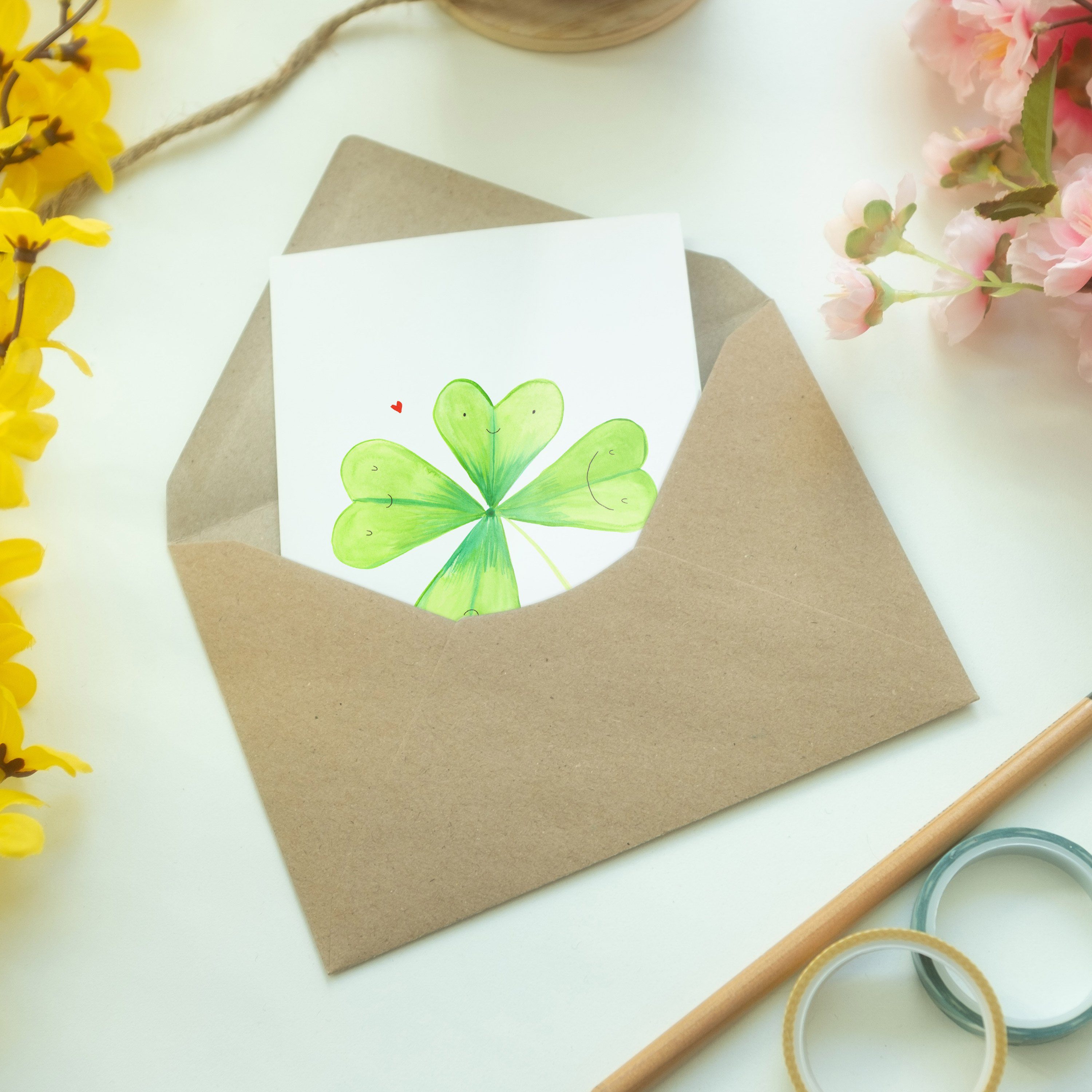 Grußkarte - Mrs. Glü Mr. Geburtstagskarte, Weiß Panda Blumen, - & Neuanfang, Kleeblatt Geschenk,