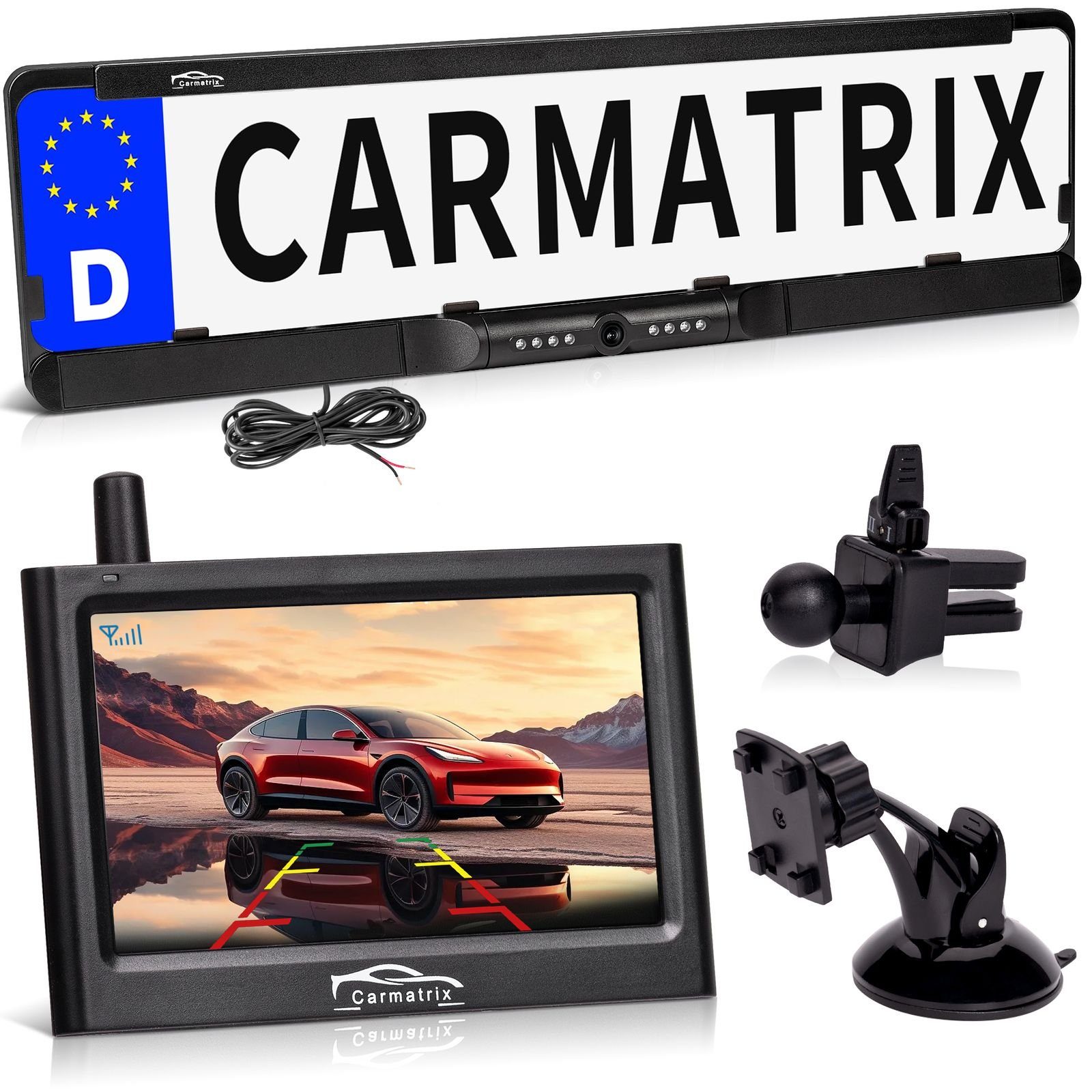 CARMATRIX Kabel 1 Rückfahrkamera (Auto Funk Rückfahrsystem im Nummernschild Kennzeichenhalter, Rückfahrkamera Digital kabellose Einparkhilfe zum nachrüsten)