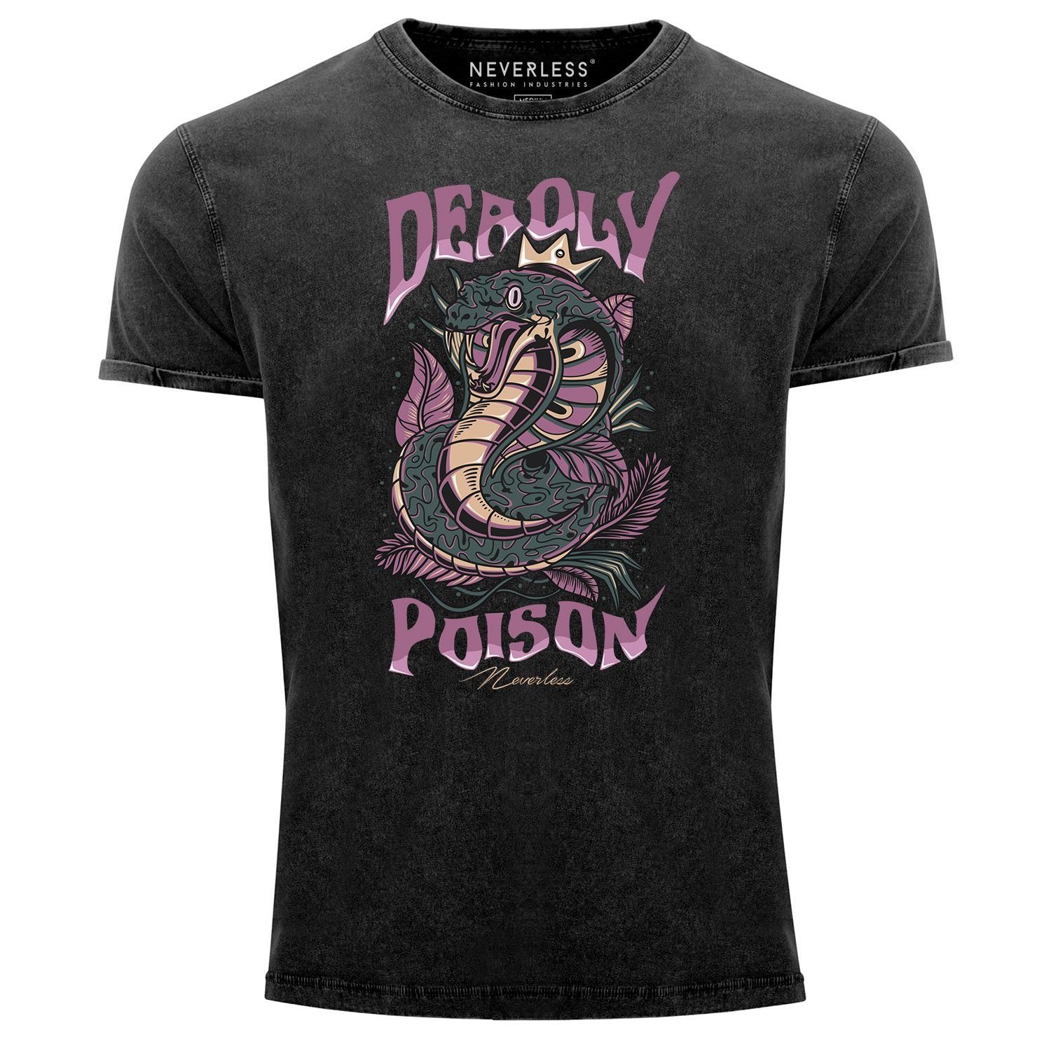 Neverless Print-Shirt Neverless® Herren T-Shirt Deadly Poison Kobra Motiv Vintage Shirt Printshirt Schlangenmotiv Snake Aufdruck Used Look Slim Fit mit Print