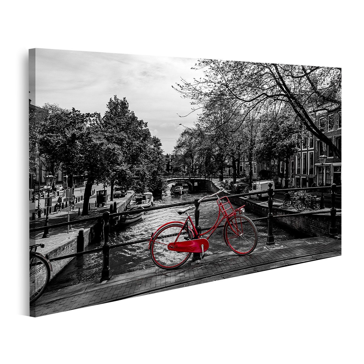 Leinwandbild Bild auf Leinwand Rotes Fahrrad steht auf einer Brücke Schwarz und Wei
