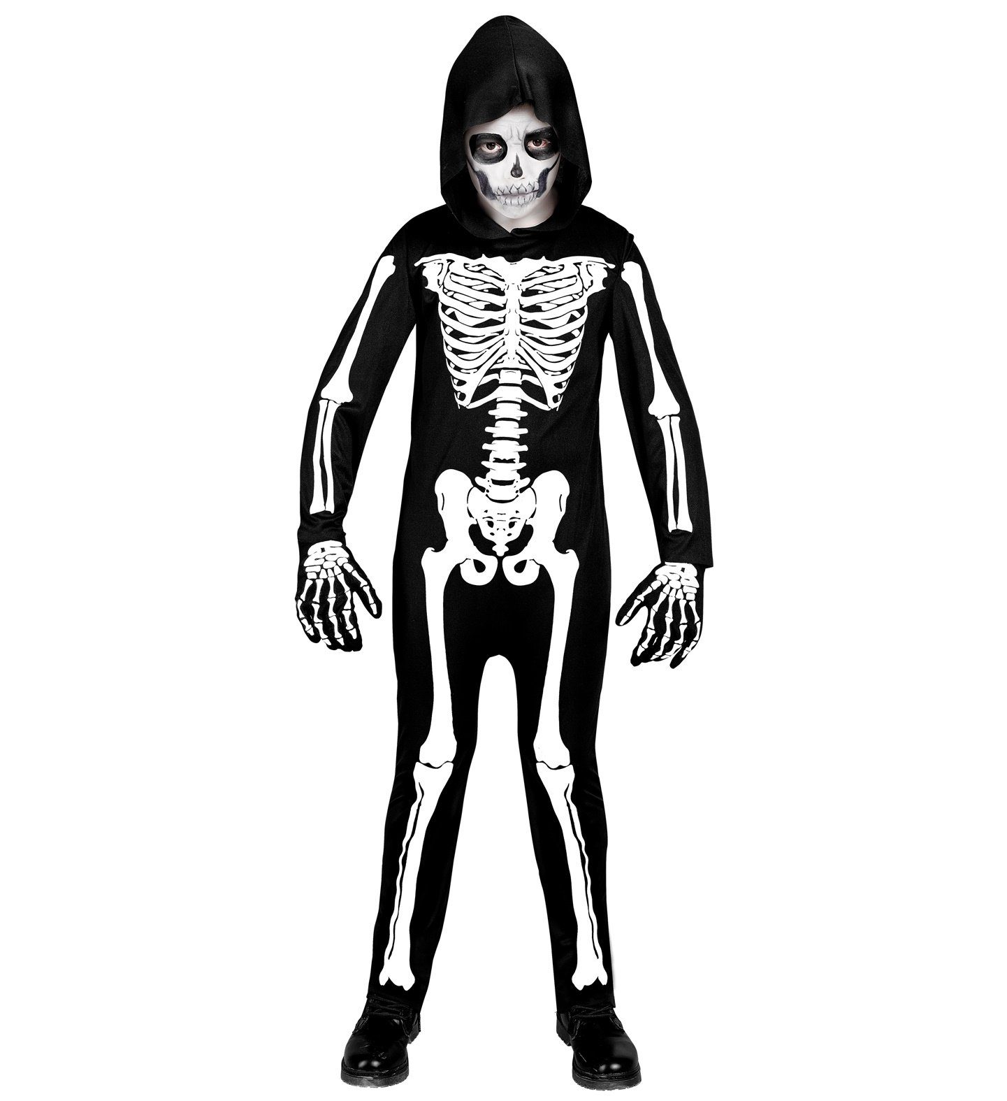 Widmann S.r.l. Hexen-Kostüm Halloween UV Skelett Kinderkostüm, Schwarz Weiß