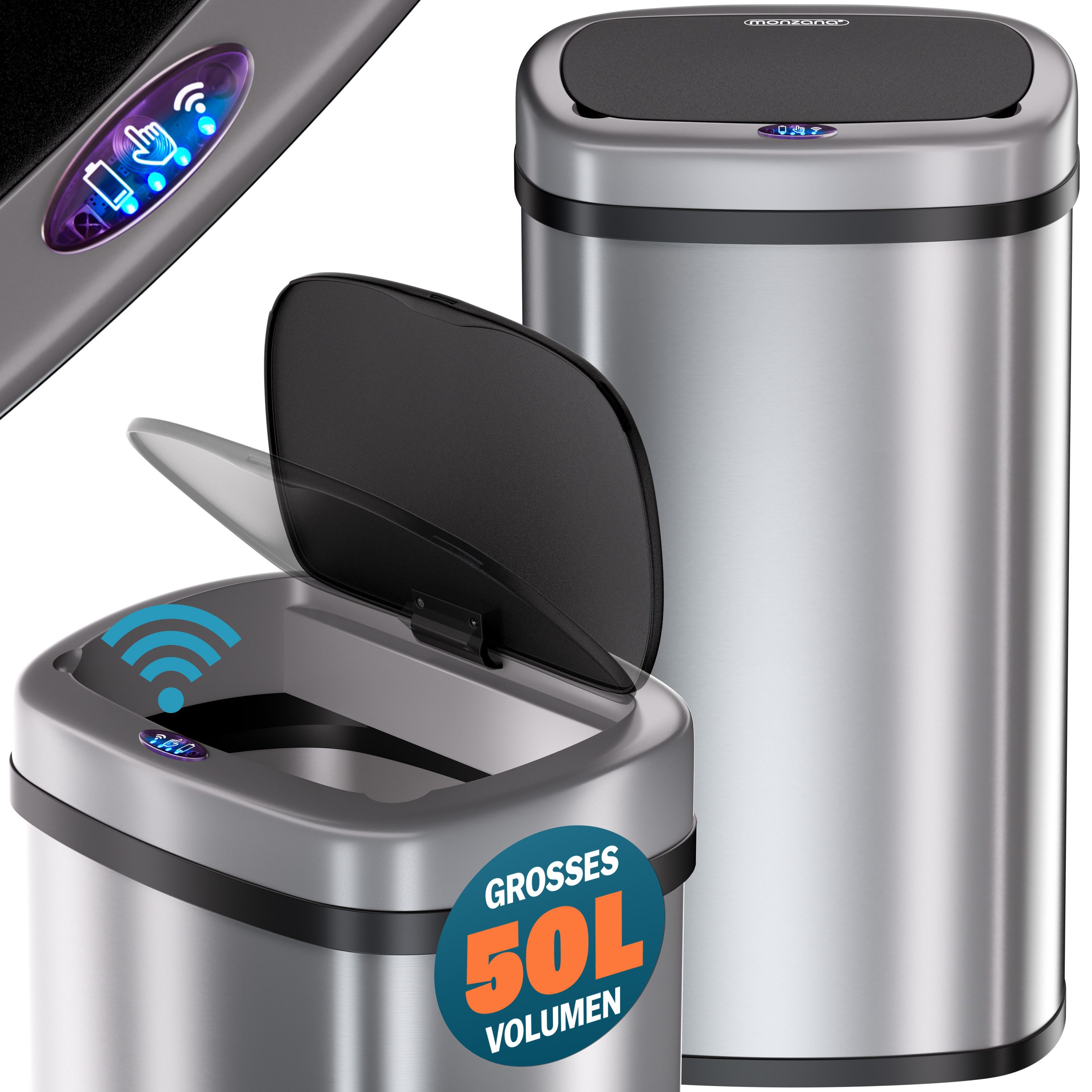 monzana Mülleimer, 50 L Automatik Sensor Mülleimer LED Display Müllbehälter berührungslos