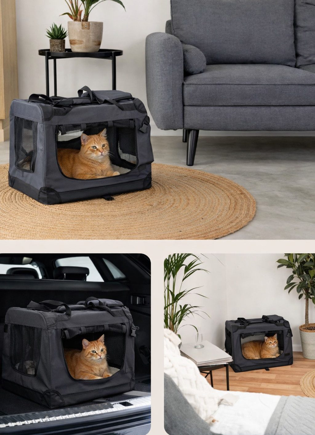 lionto Tiertransportbox für Katzen, leicht und komfortabel aus Textil bis 12 kg, 60x42x44 cm, grau