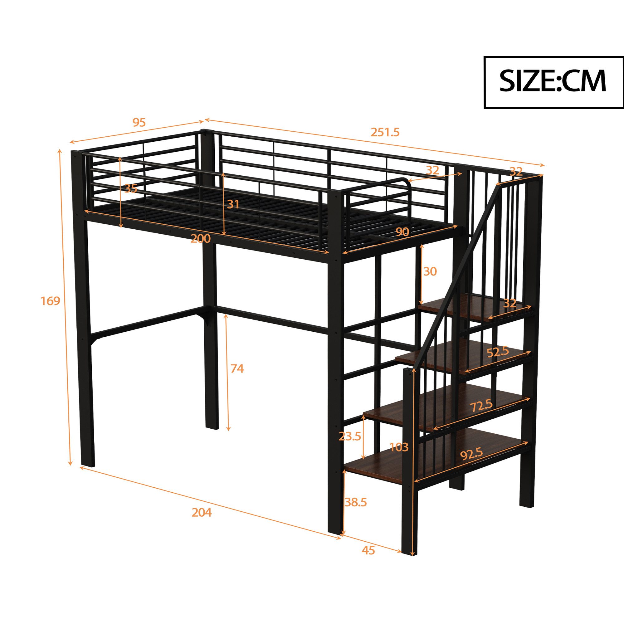 Flieks Hochbett Metallbett Kinderbett 90x200cm mit großen Stauraum und Treppe