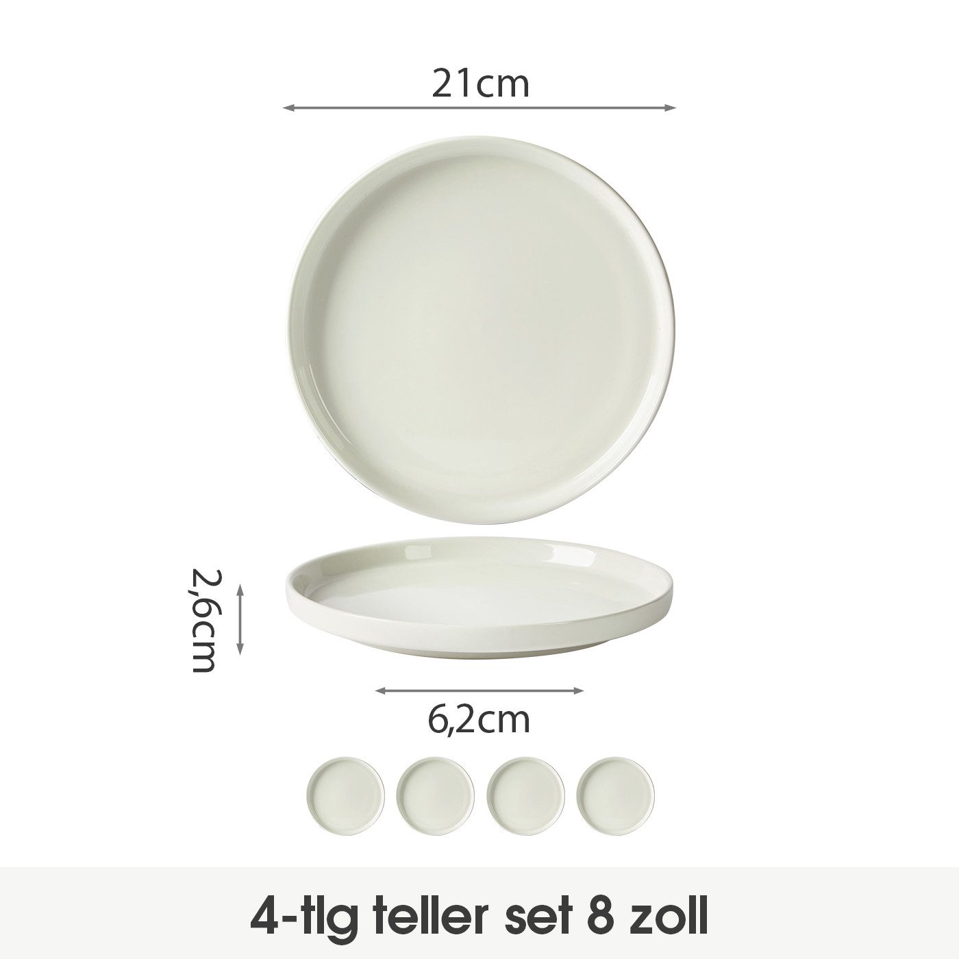 JIWOO Teller 4er Ø21cm,Frühstücksteller Steakteller Pastateller Brotteller Plate, (4 St), Keramik Hochwertiges Tellerset Weiß Mikrowellen spülmaschinenfest