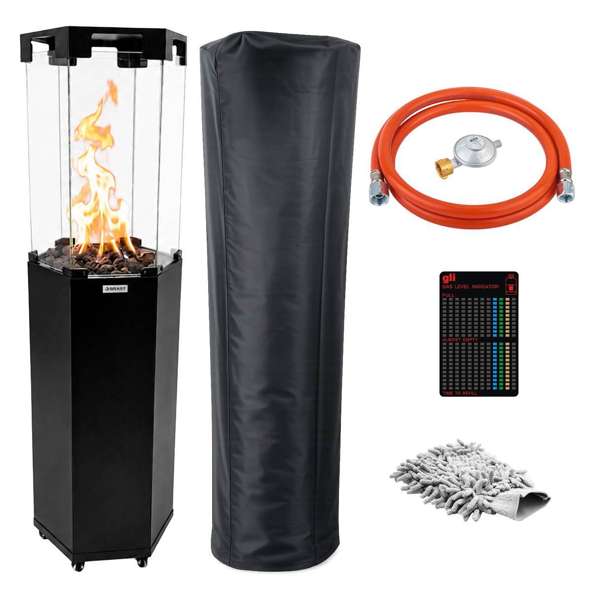 BRAST Heizstrahler Gasheizer FLAME, 2-stufige Heizleistung, 6-seitiges Feuerglas, 6-seitiges Feuerglas, inkl. XL Zubehör-Set, Piezo-Zündung